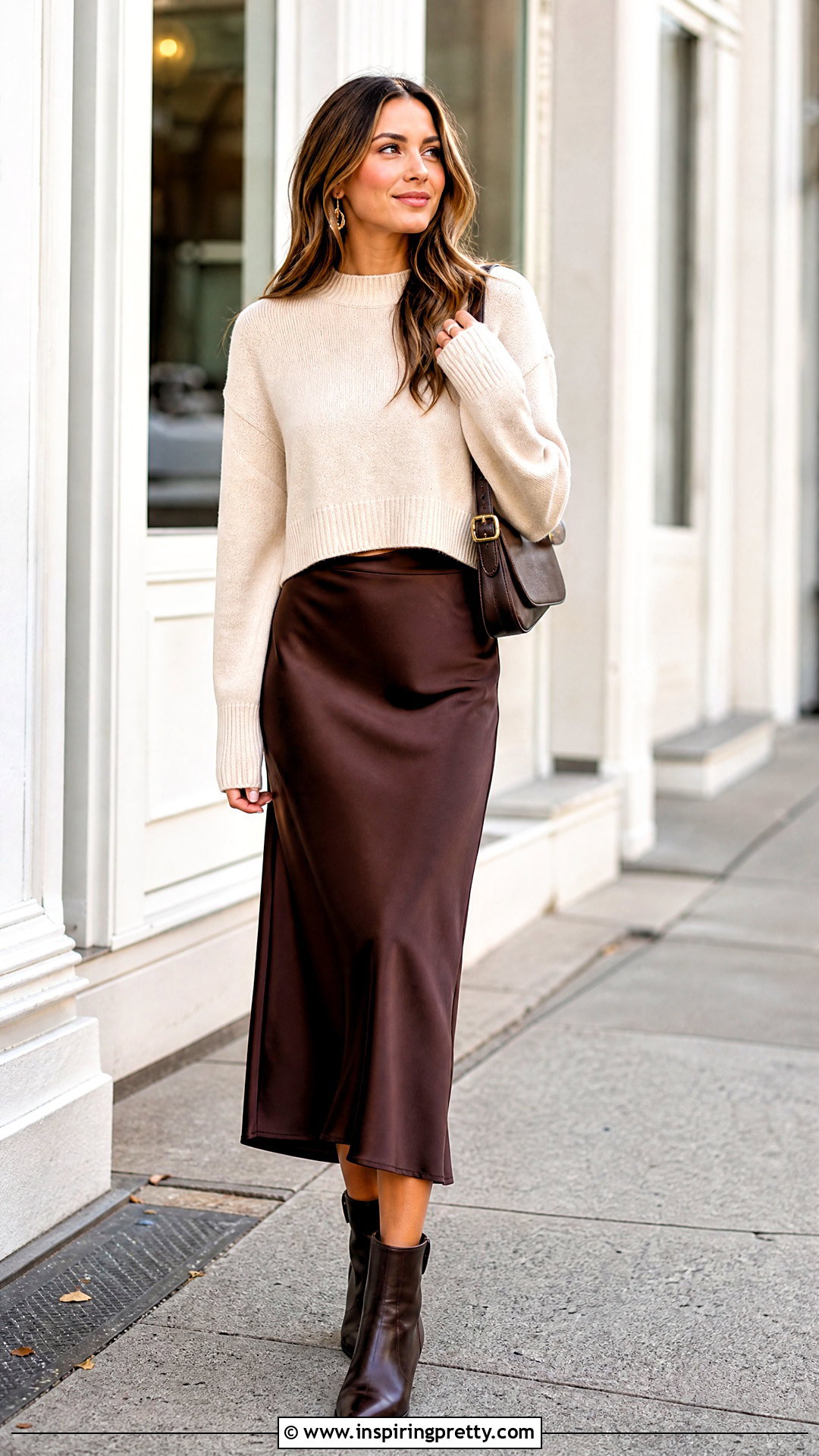 Cropped Sweater With Satin Slip Skirt - 50 trendy crop tops outfit ideas