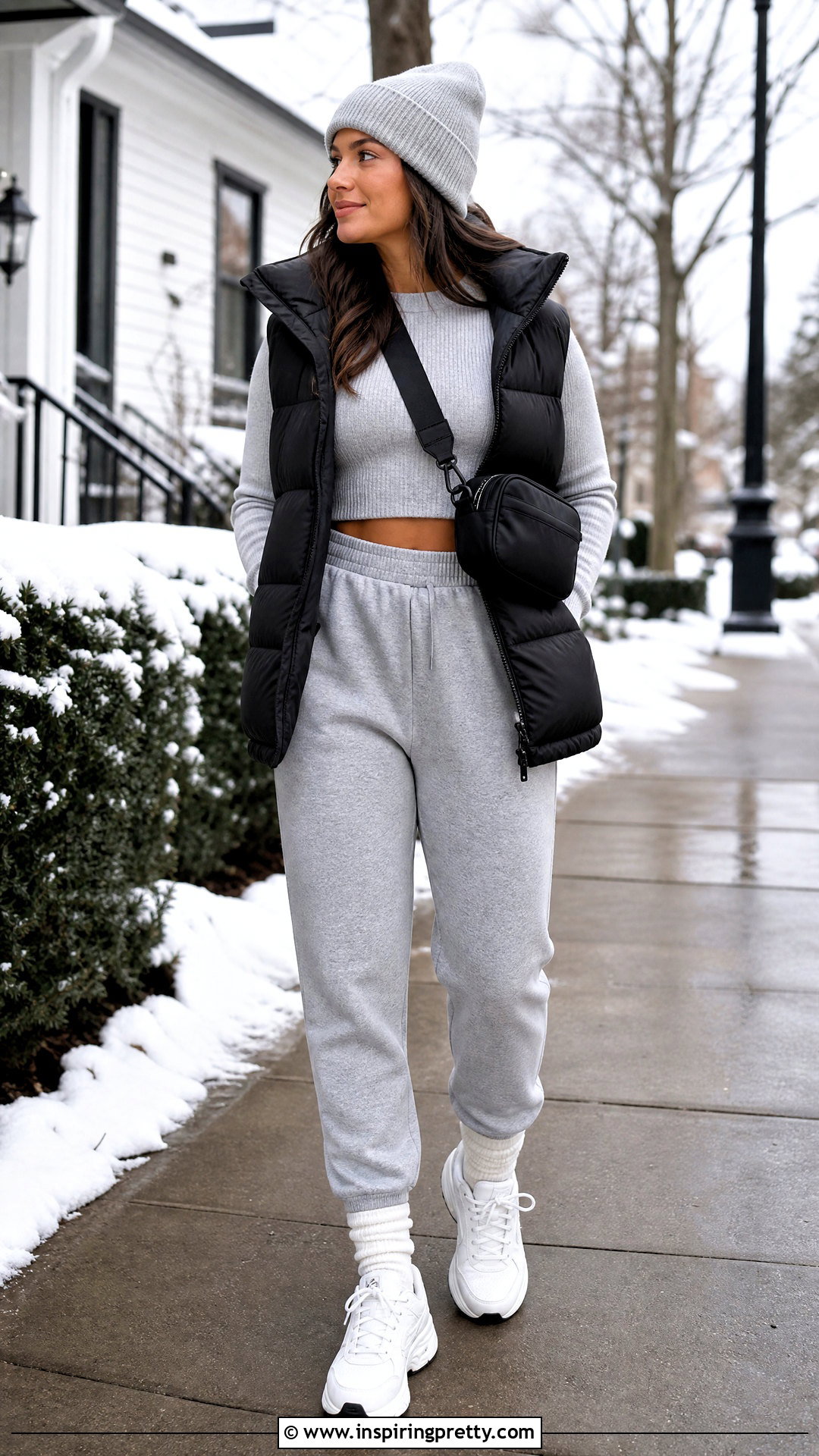Cropped Sweater With Sweatpants And Puffer Vest - 20 crop top winter sweater outfit ideas