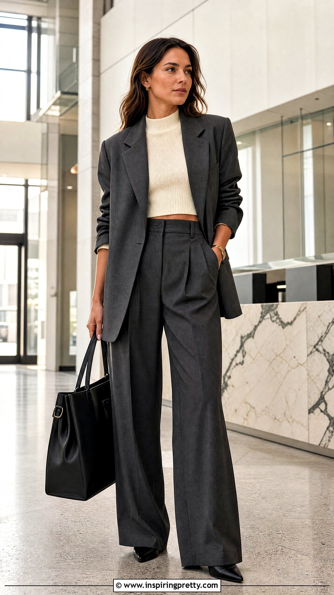 Cropped Sweater With Tailored Trousers And Blazer - 20 crop top winter sweater outfit ideas