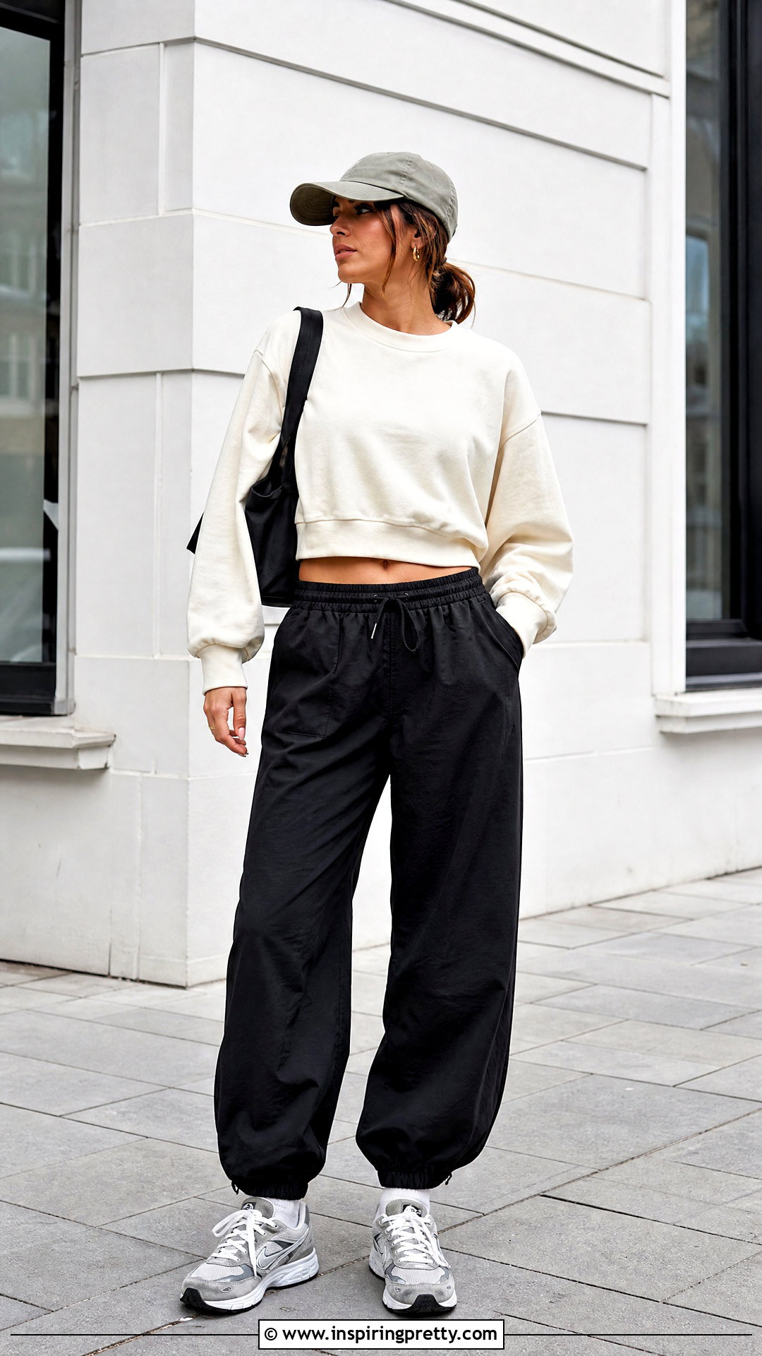 Cropped Sweatshirt With Parachute Pants - 50 baggy pants crop top outfit ideas