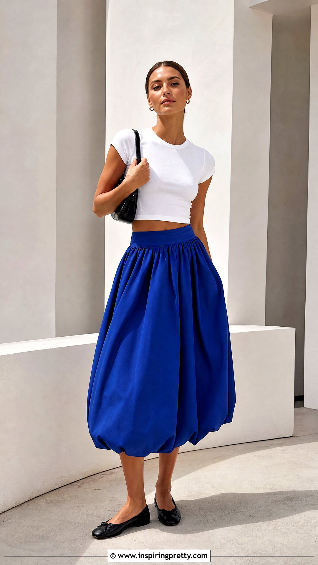 Cropped T Shirt With Bubble Midi Skirt - 50 skirt with top outfit ideas