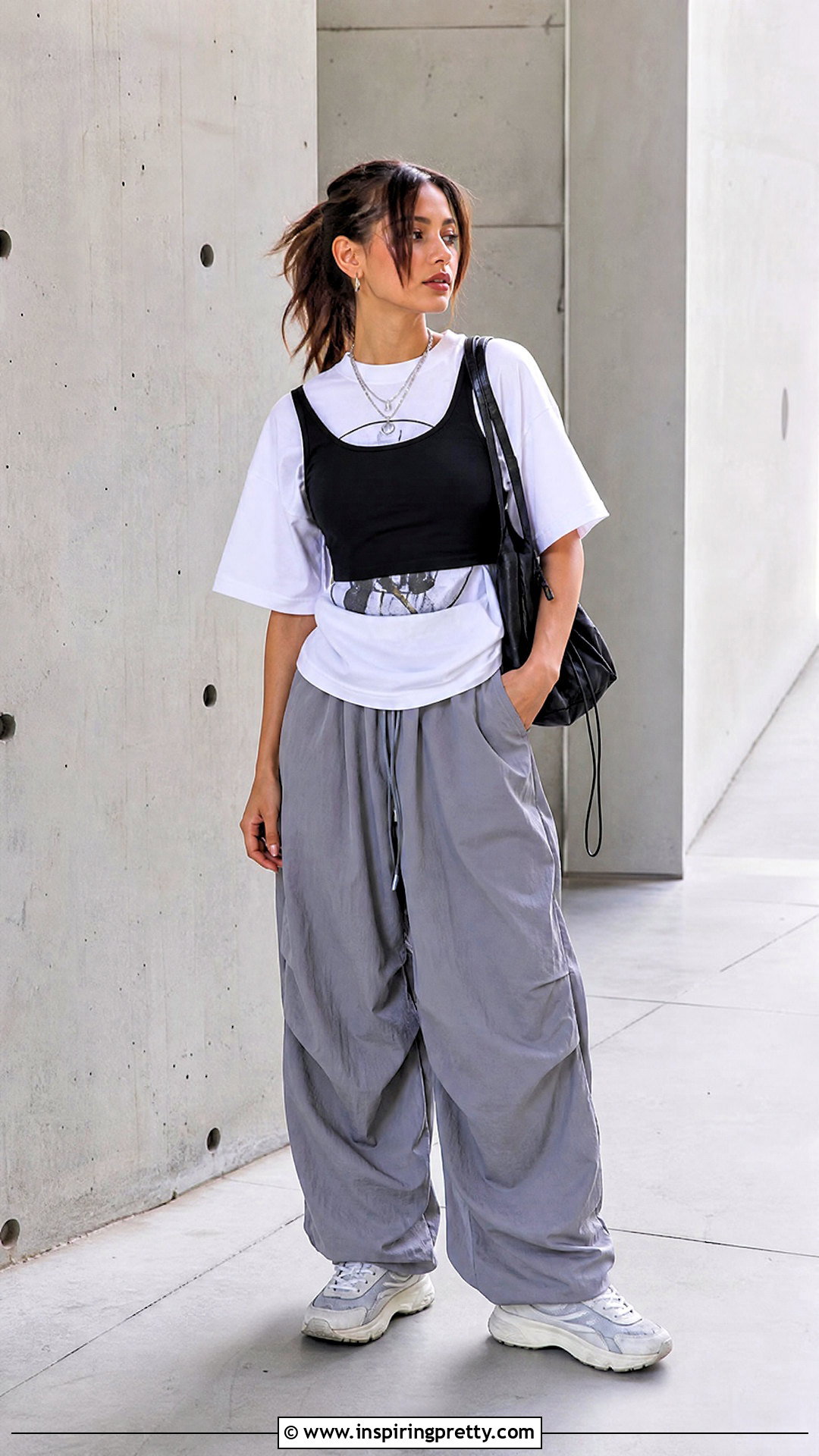 Cropped Tank Top Over Graphic T Shirt With Parachute Pants - 50 tank top over shirt outfits