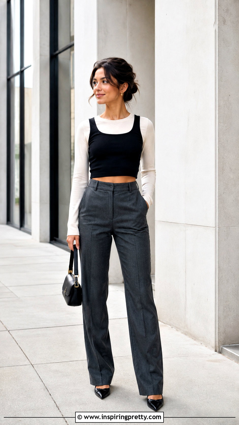 Cropped Tank Top Over Long Sleeve With High Rise Pants for Petite Women - 50 tank top over long sleeve outfit ideas