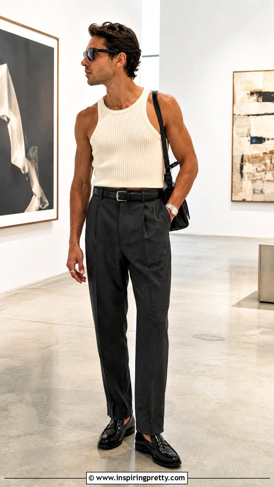 Cropped Tank Top With Pleated Trousers And Loafers - 20 men’s crop tops outfit ideas