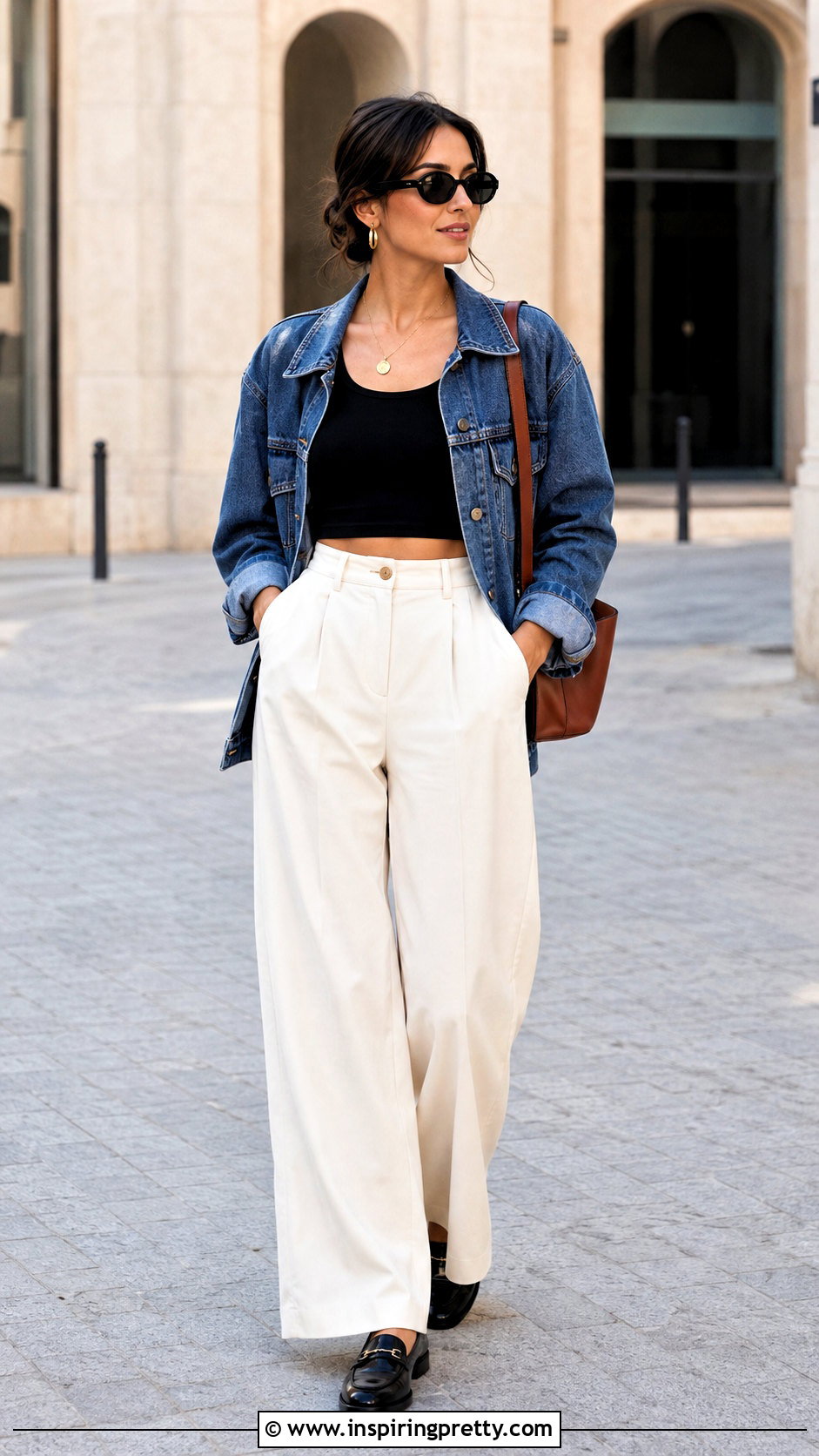 Cropped Tank Top With a Denim Jacket and Trousers - 25 Cropping A Tank Top outfit ideas