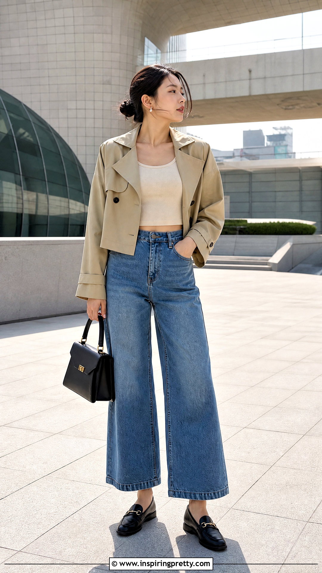 Cropped Trench Jacket With Wide Leg Jeans Outfit - 50 crop top outfits korean styles