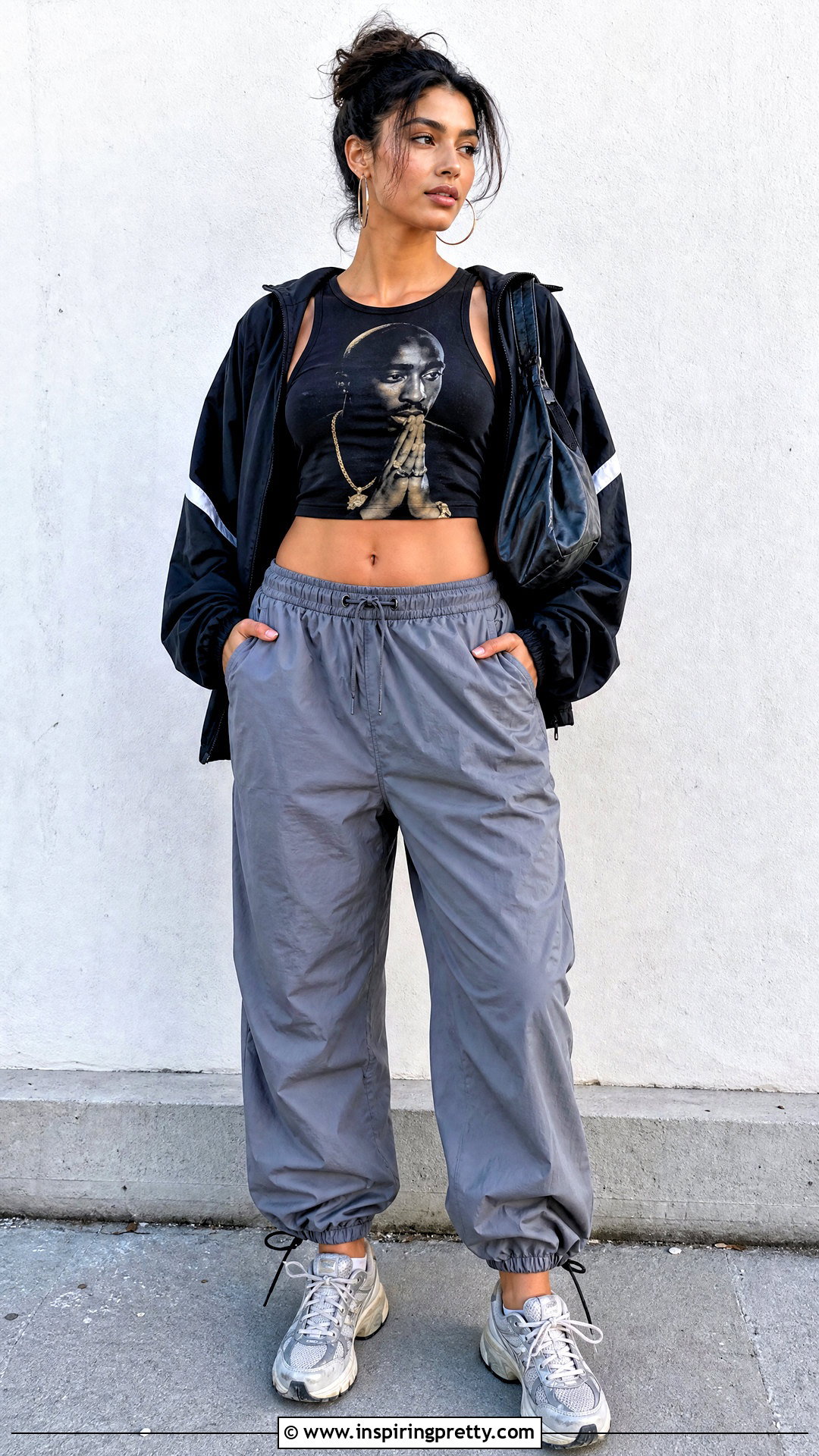 Cropped Tupac Tank Top With Parachute Pants - 25 Tupac Tank Top Outfit ideas