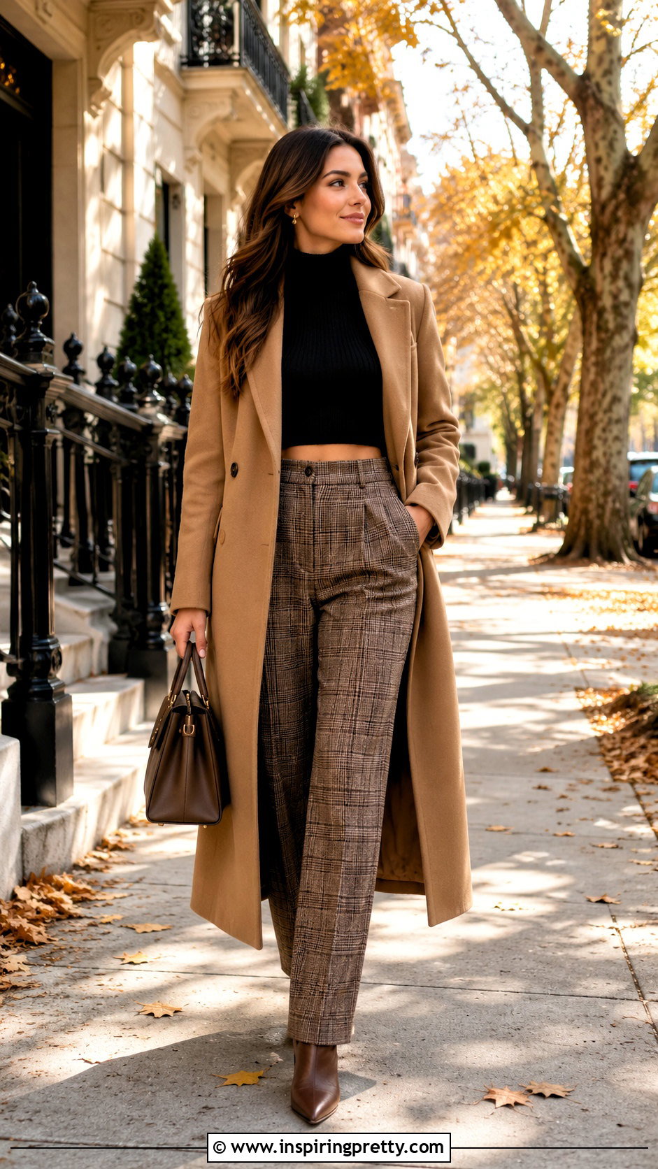 Cropped Turtleneck With Plaid Trousers - 50 short crop tops outfit ideas