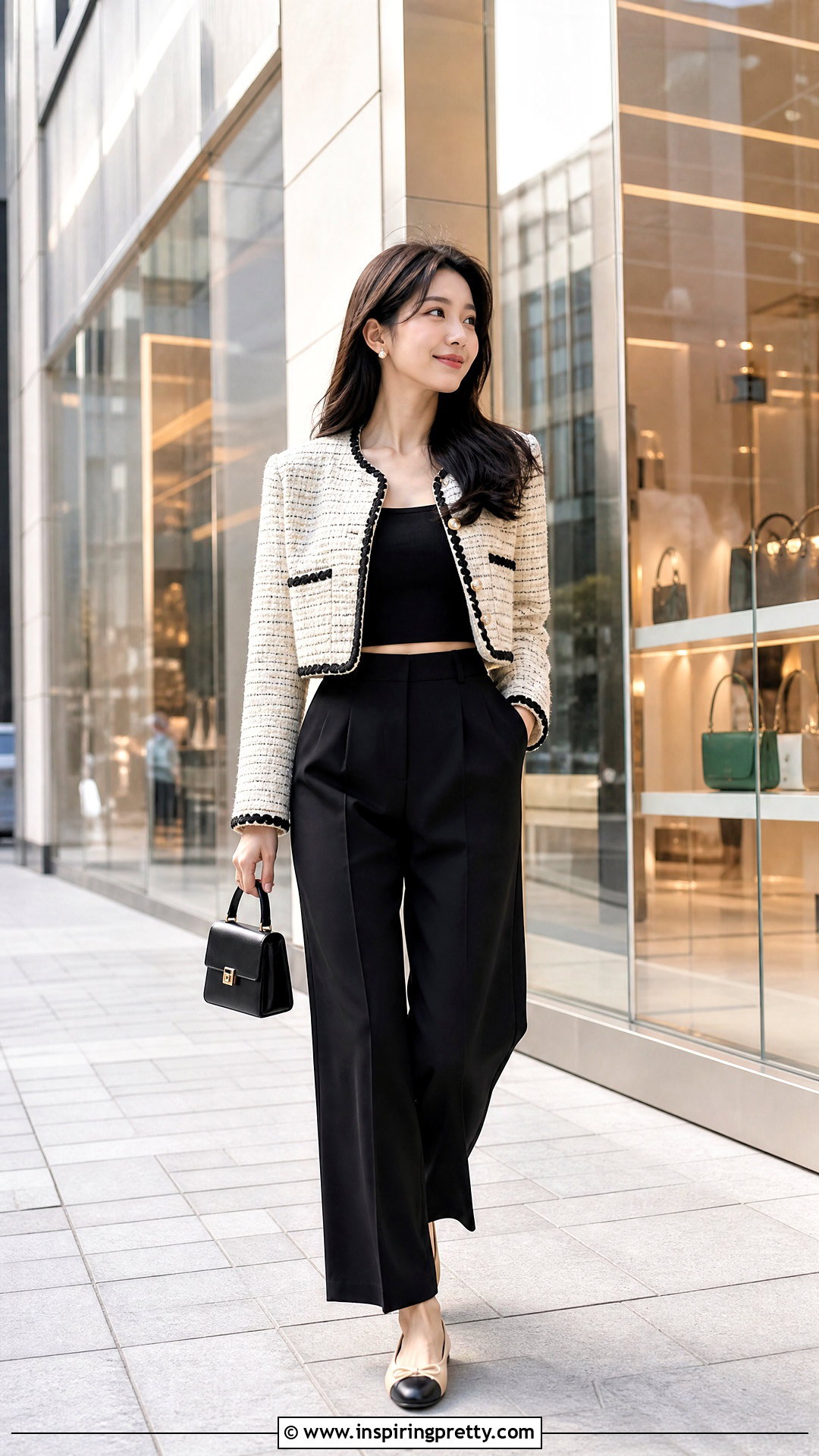 Cropped Tweed Jacket With Black Trousers Outfit - 50 crop top outfits korean styles