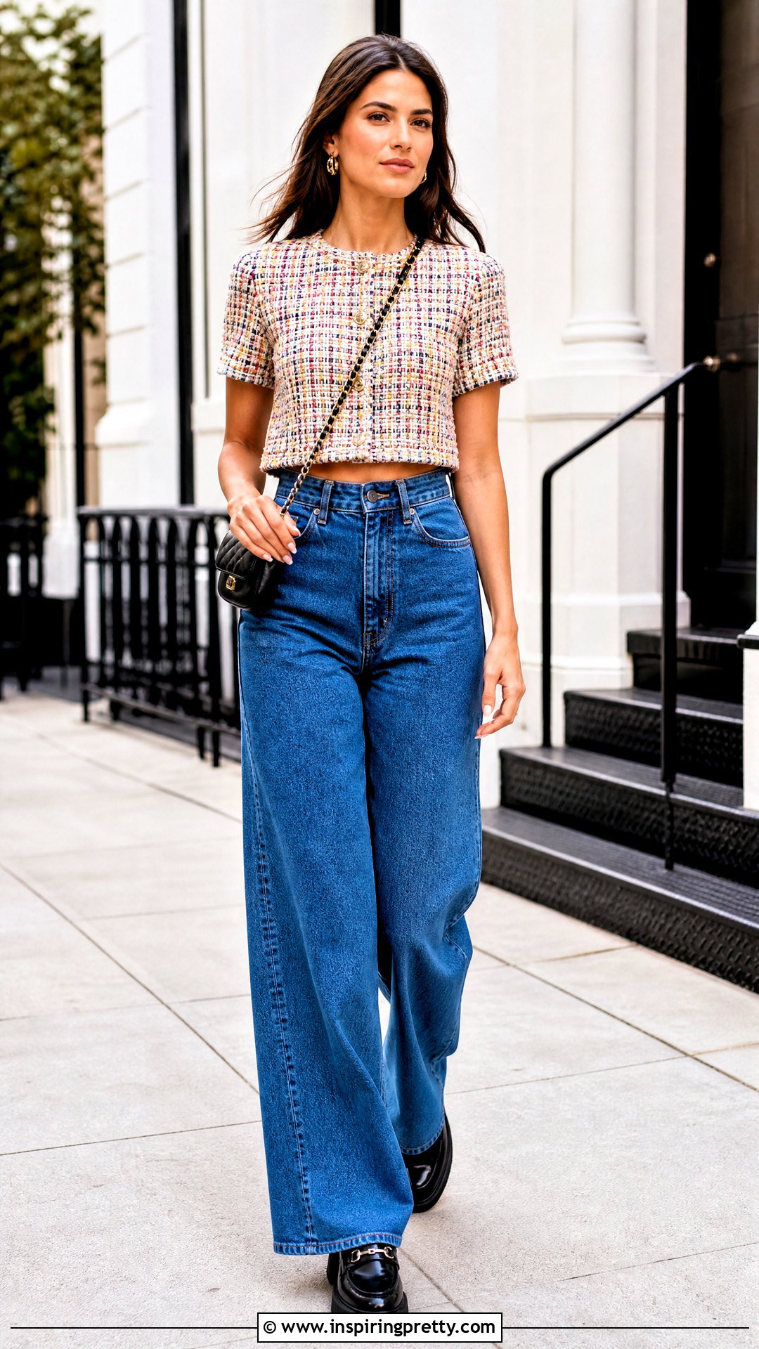 Cropped Tweed Top With Wide Leg Jeans - 50 tweed top outfit ideas