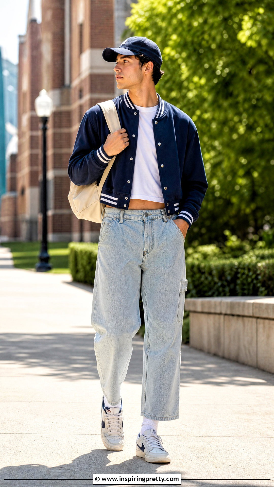 Cropped Varsity Jacket With Carpenter Jeans - 50 male crop top outfits