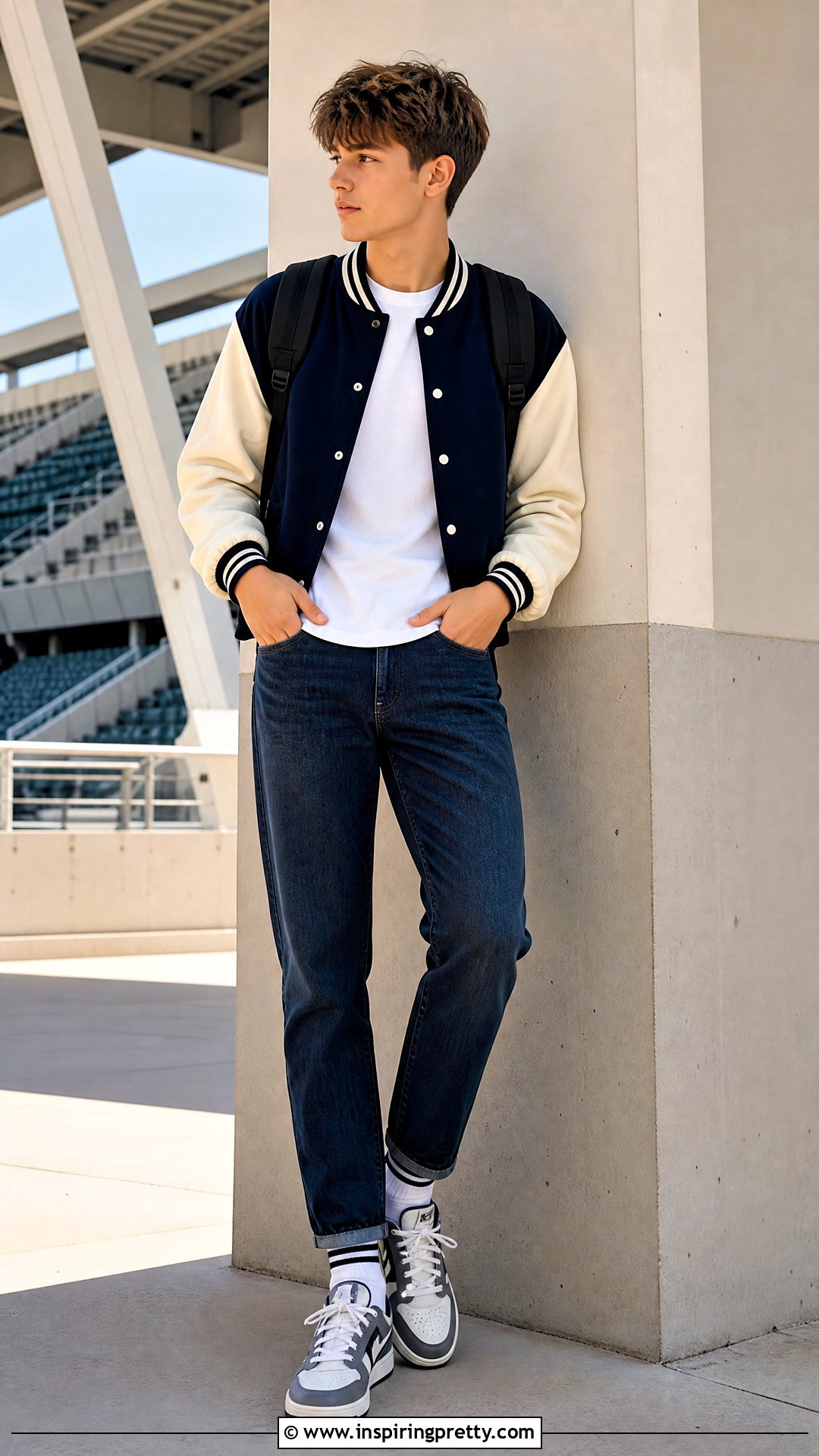 Cropped Varsity Jacket With Straight Jeans - 50 boys in crop tops outfit ideas
