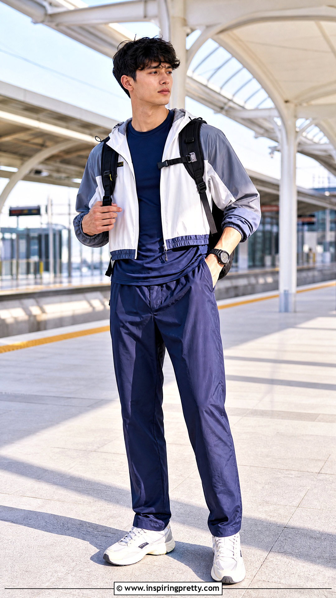 Cropped Windbreaker With Nylon Pants - 50 boys in crop tops outfit ideas