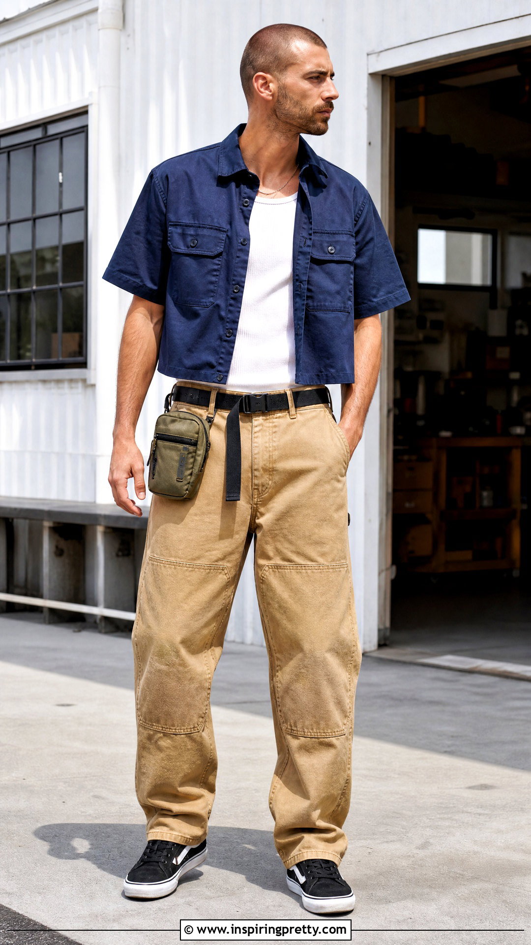 Cropped Work Shirt With Double Knee Pants - 50 male crop top outfits