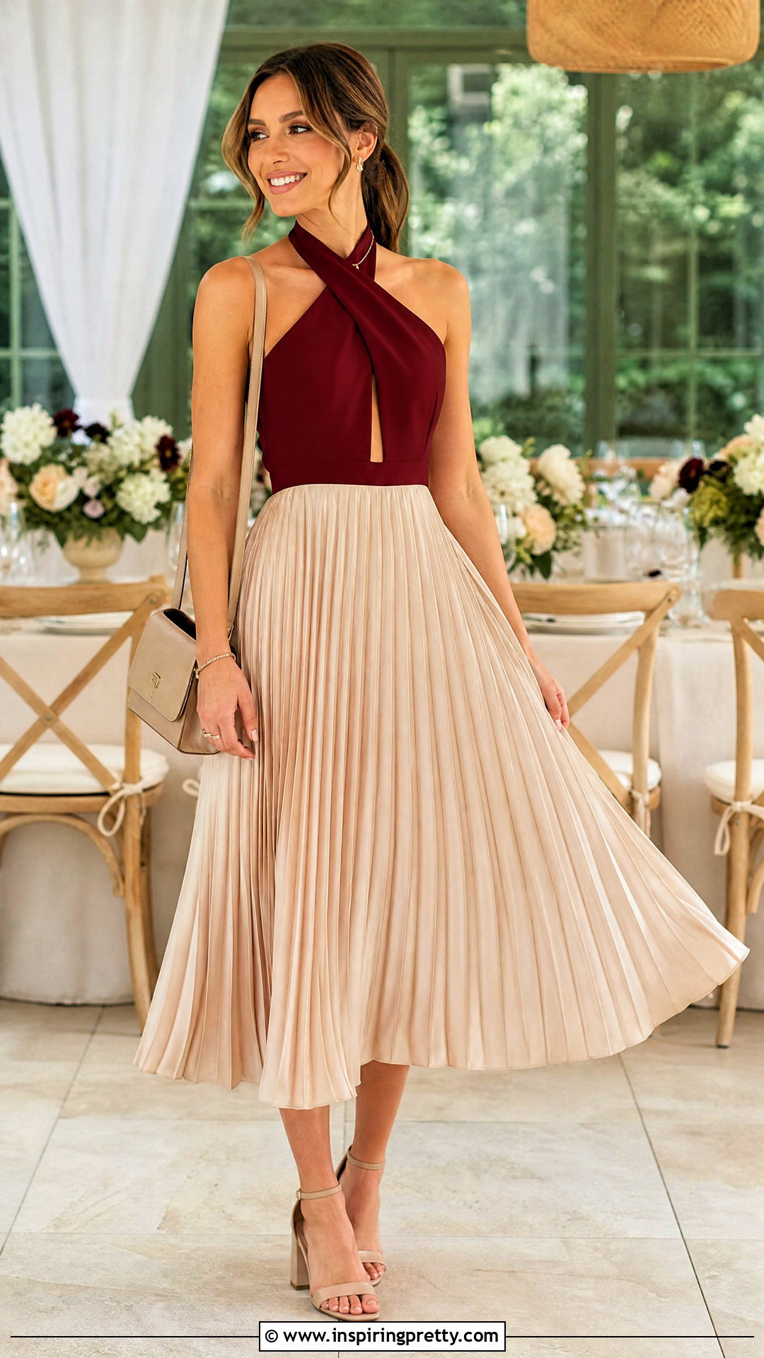 Cross Top With Pleated Midi Skirt - 50 cross top outfit ideas