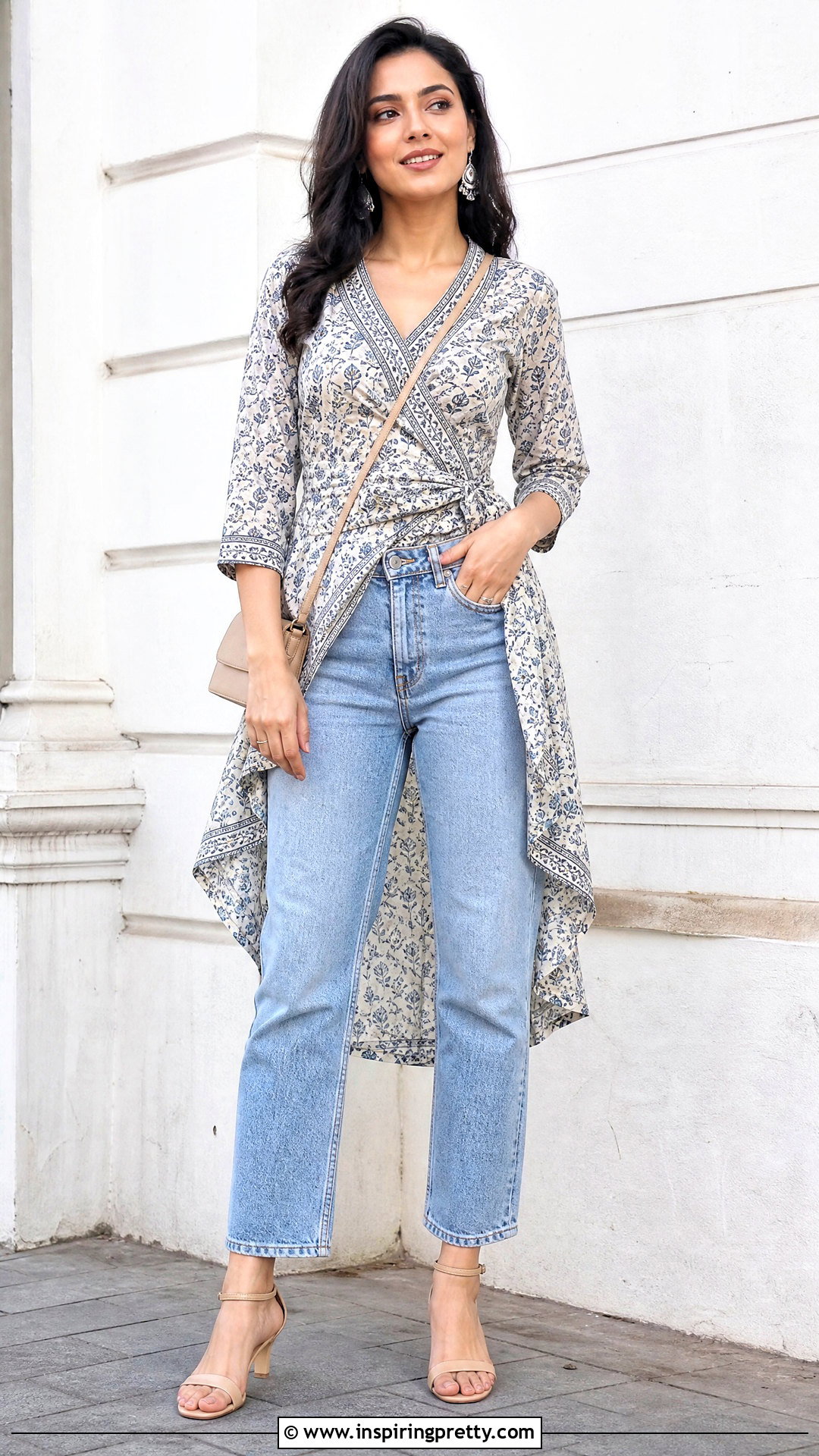 Crossover Kurti With High Waisted Jeans - 50 jeans tops indian style for women