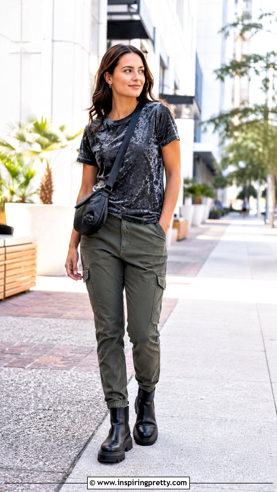 Crushed Velvet T Shirt With Cargo Pants - 50 velvet tops outfit ideas
