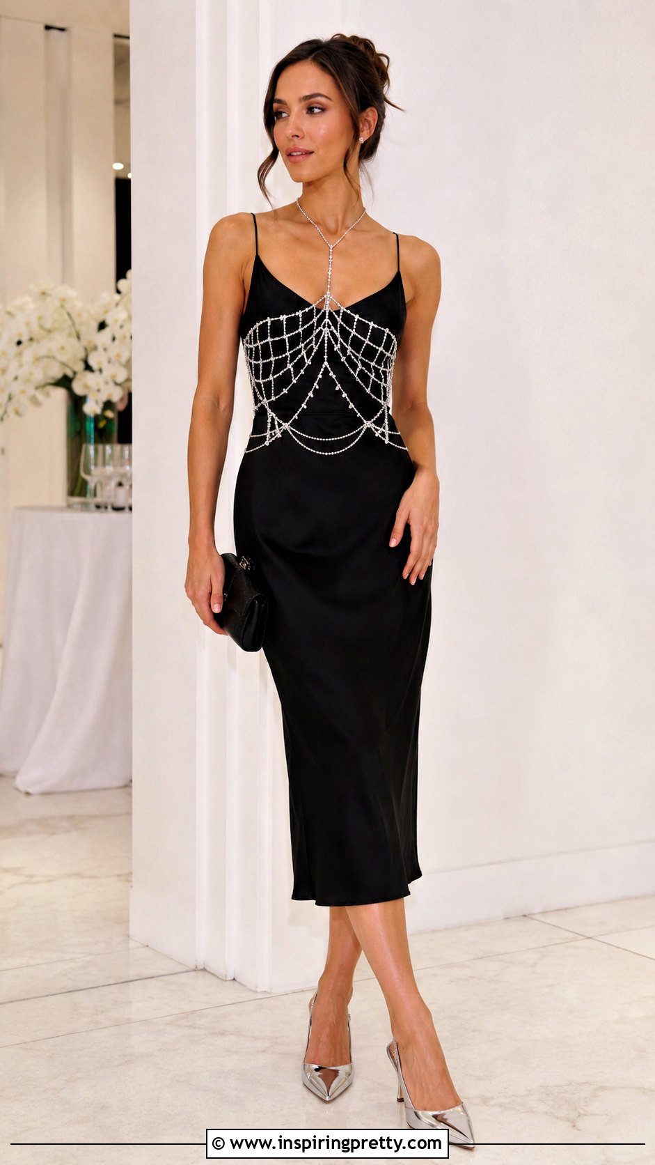 Crystal Body Chain Top Over A Black Slip Dress - 20 crystal body chain top outfit ideas