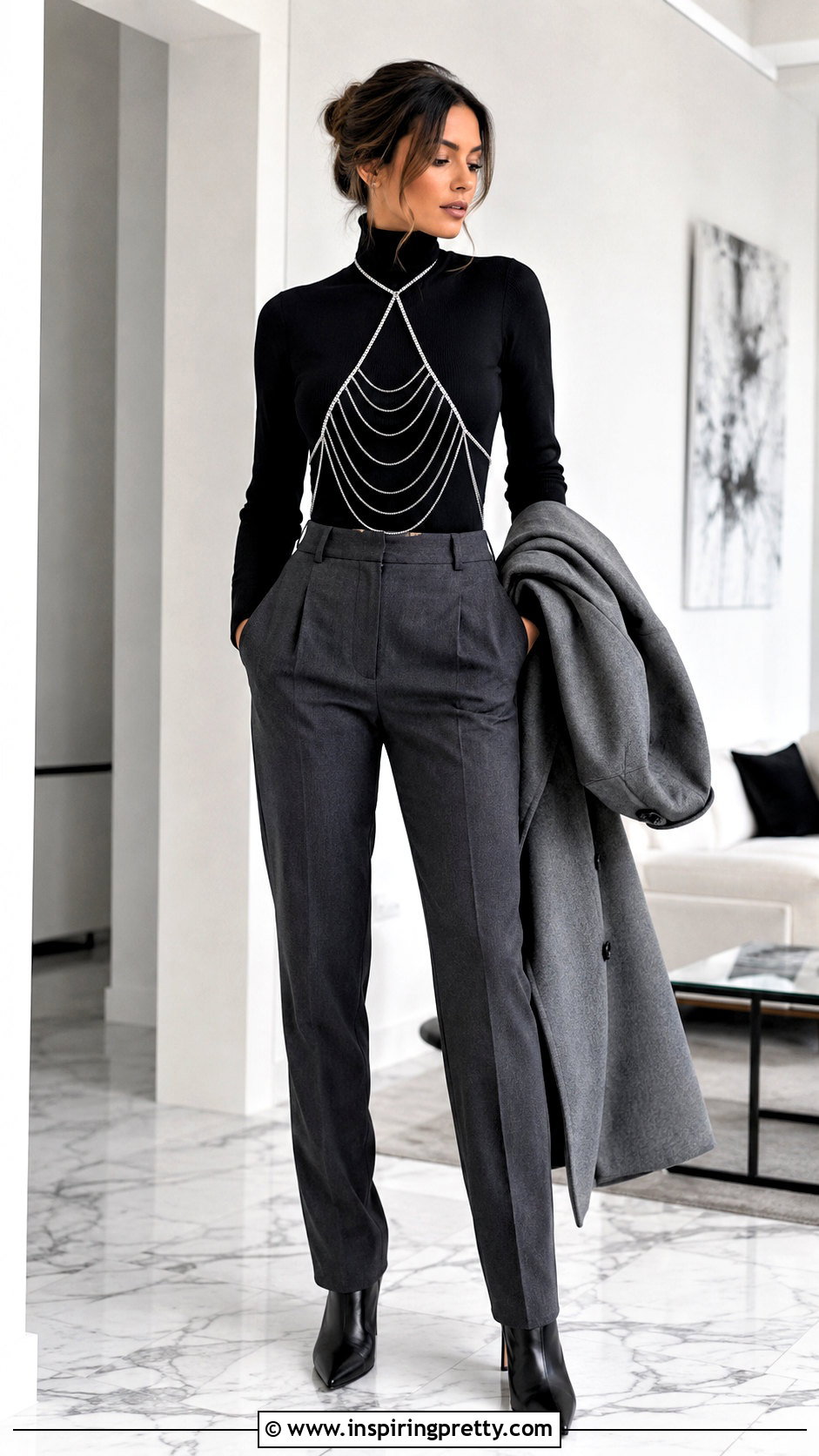 Crystal Body Chain Top Over A Turtleneck - 20 crystal body chain top outfit ideas