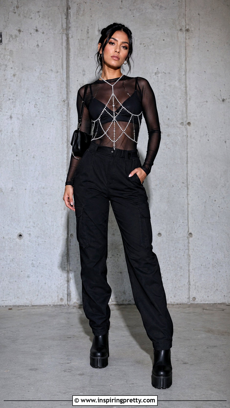 Crystal Body Chain Top With A Long Sleeve Mesh Top - 20 crystal body chain top outfit ideas