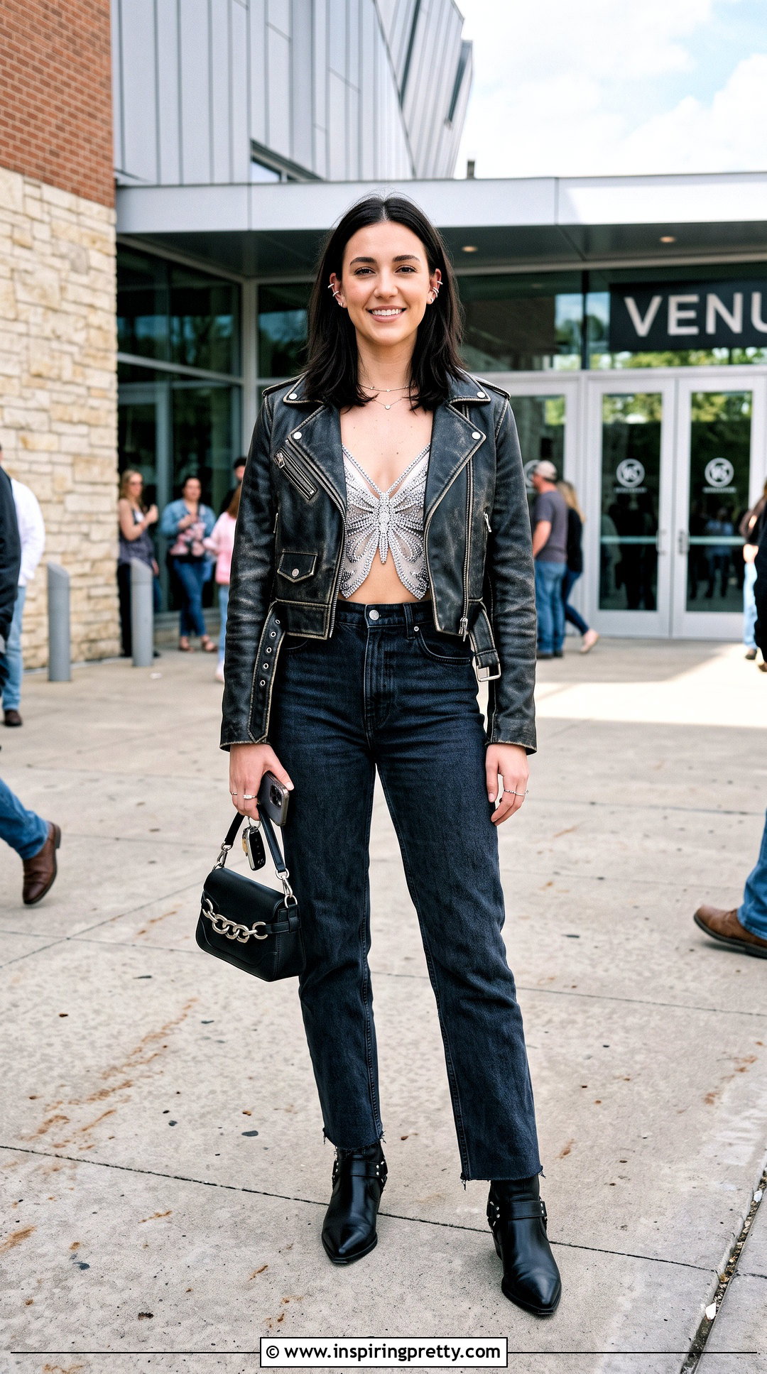 Crystal Butterfly Top With Cropped Moto Jacket - 25 Crystal Butterfly Top outfit ideas