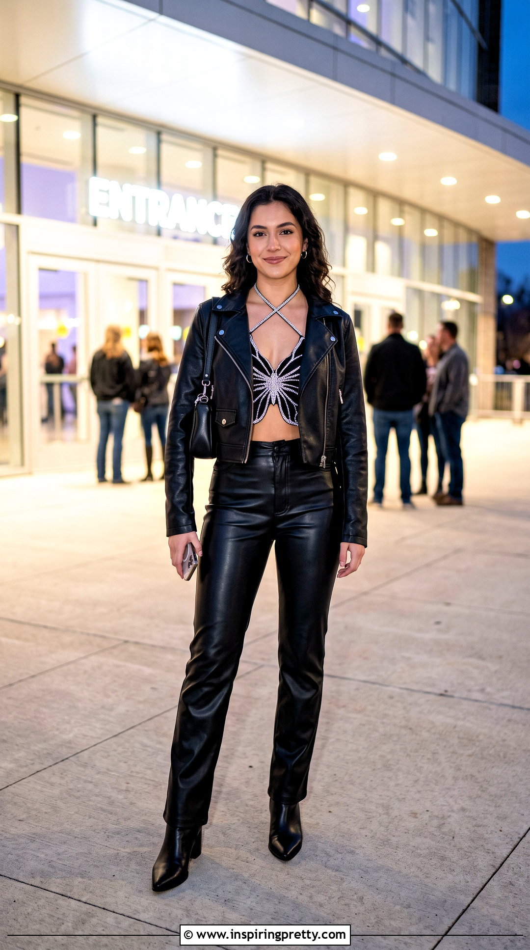 Crystal Butterfly Top With Faux Leather Pants - 25 Crystal Butterfly Top outfit ideas