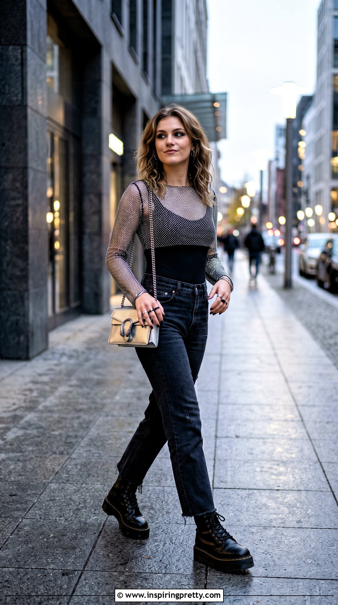 Crystal Mesh Top With Black Bodysuit And Jeans - 20 Taylor Swift Sparkly Top outfit ideas