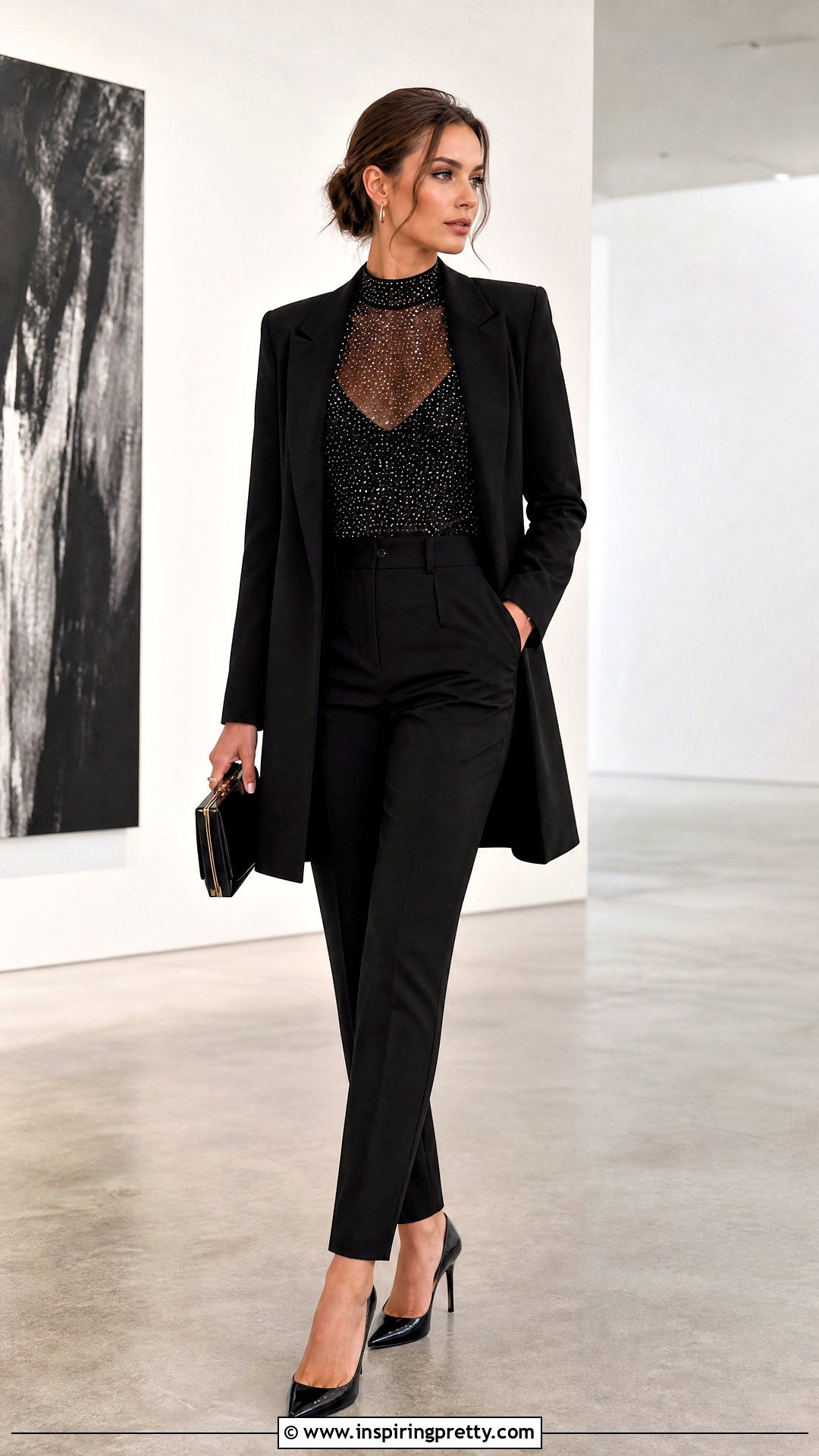 Crystal Mesh Top With Black Bralette And Pants - 50 crystal top outfit ideas