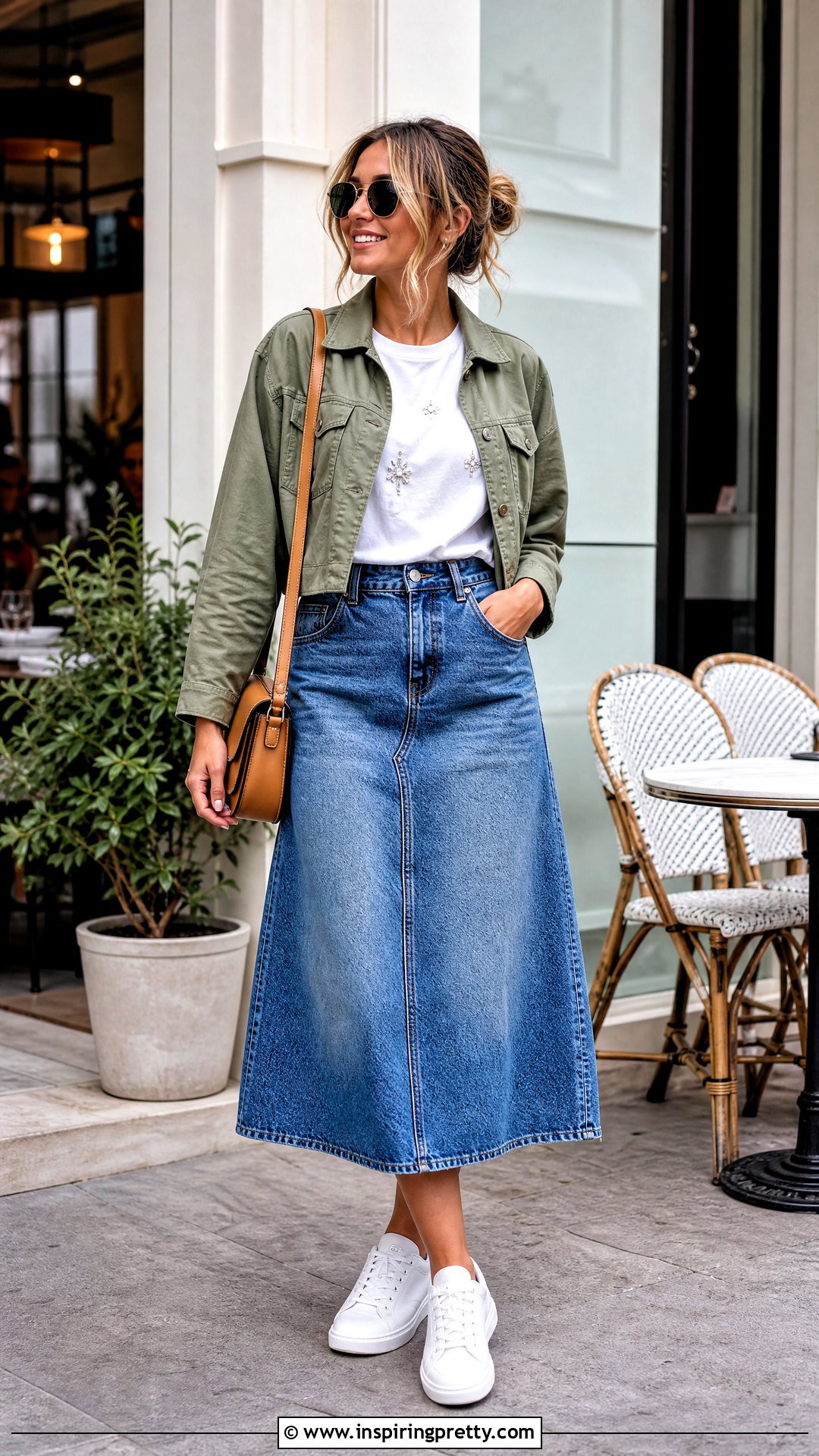 Crystal T Shirt With Denim Midi Skirt - 50 crystal top outfit ideas