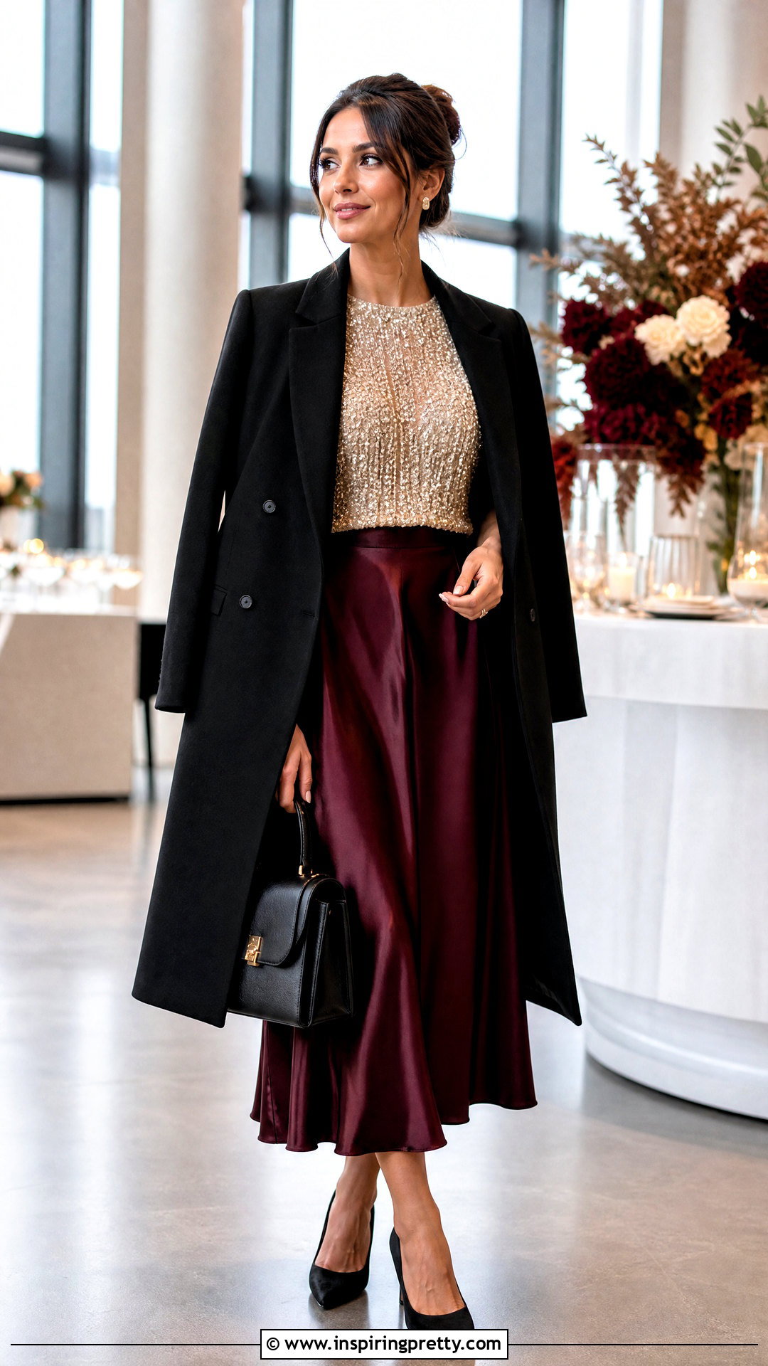 Crystal Top With Burgundy Midi Skirt - 50 crystal top outfit ideas