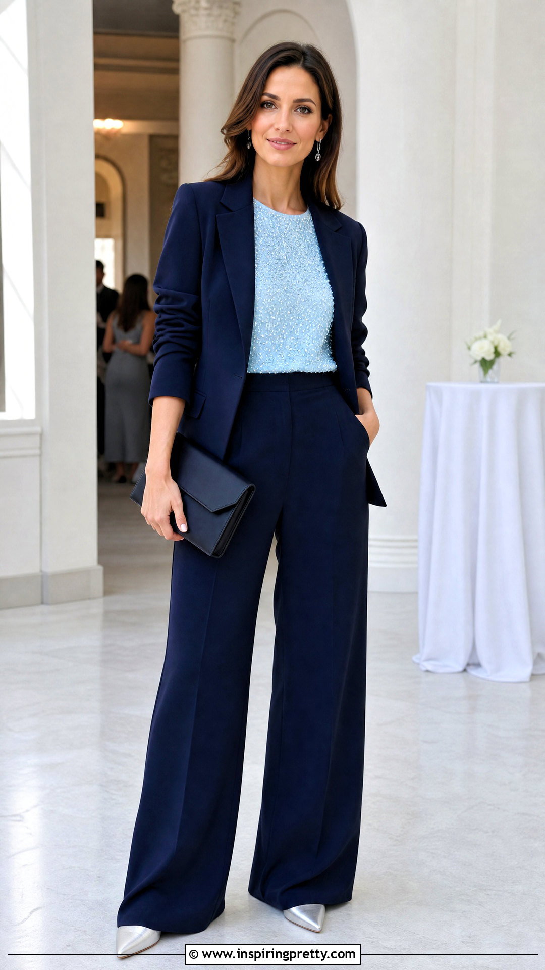 Crystal Top With Navy Wide Leg Pants - 50 crystal top outfit ideas