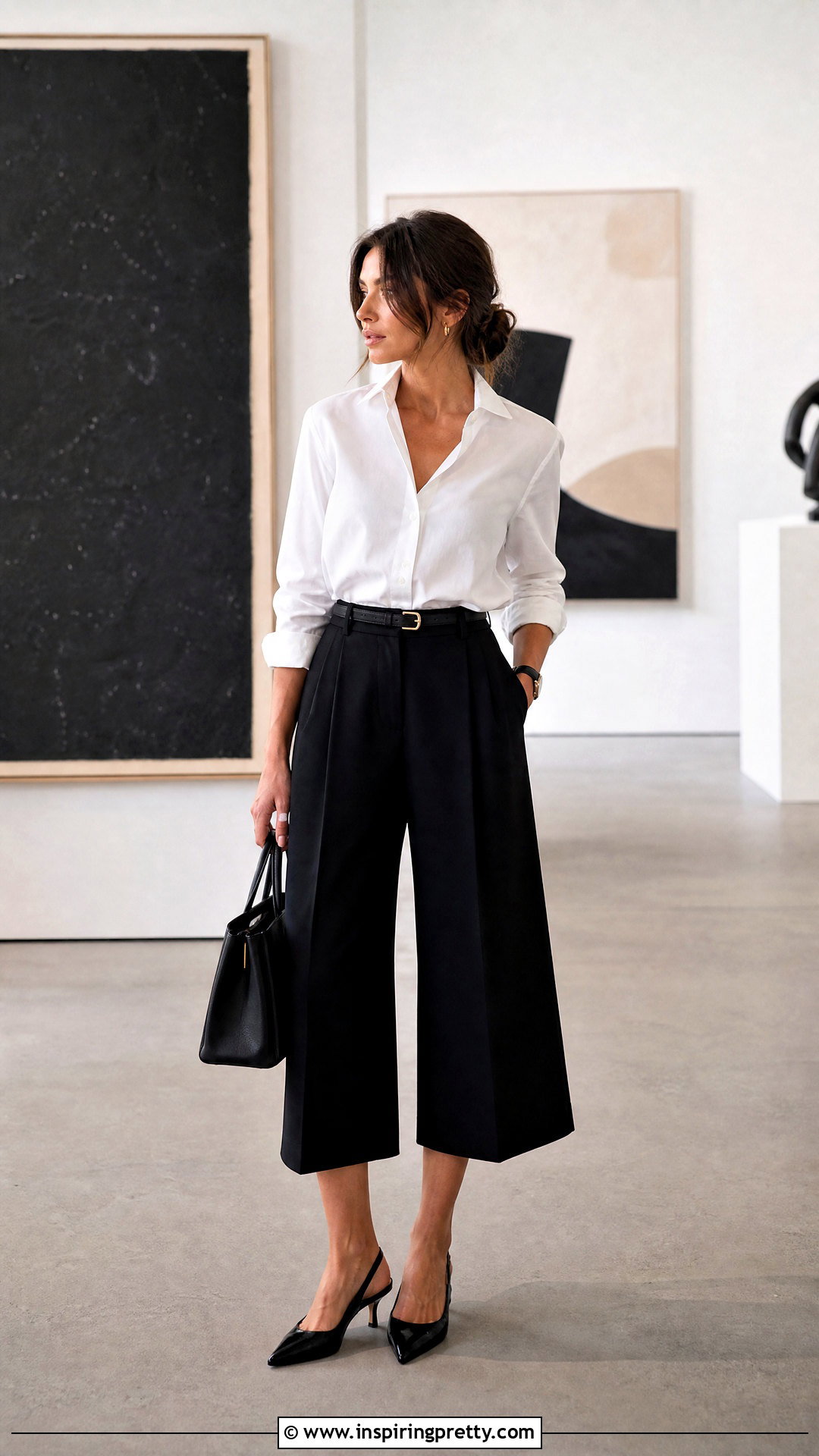 Culottes And Tucked Button Down Shirt - 50 pants and top outfit classy ideas