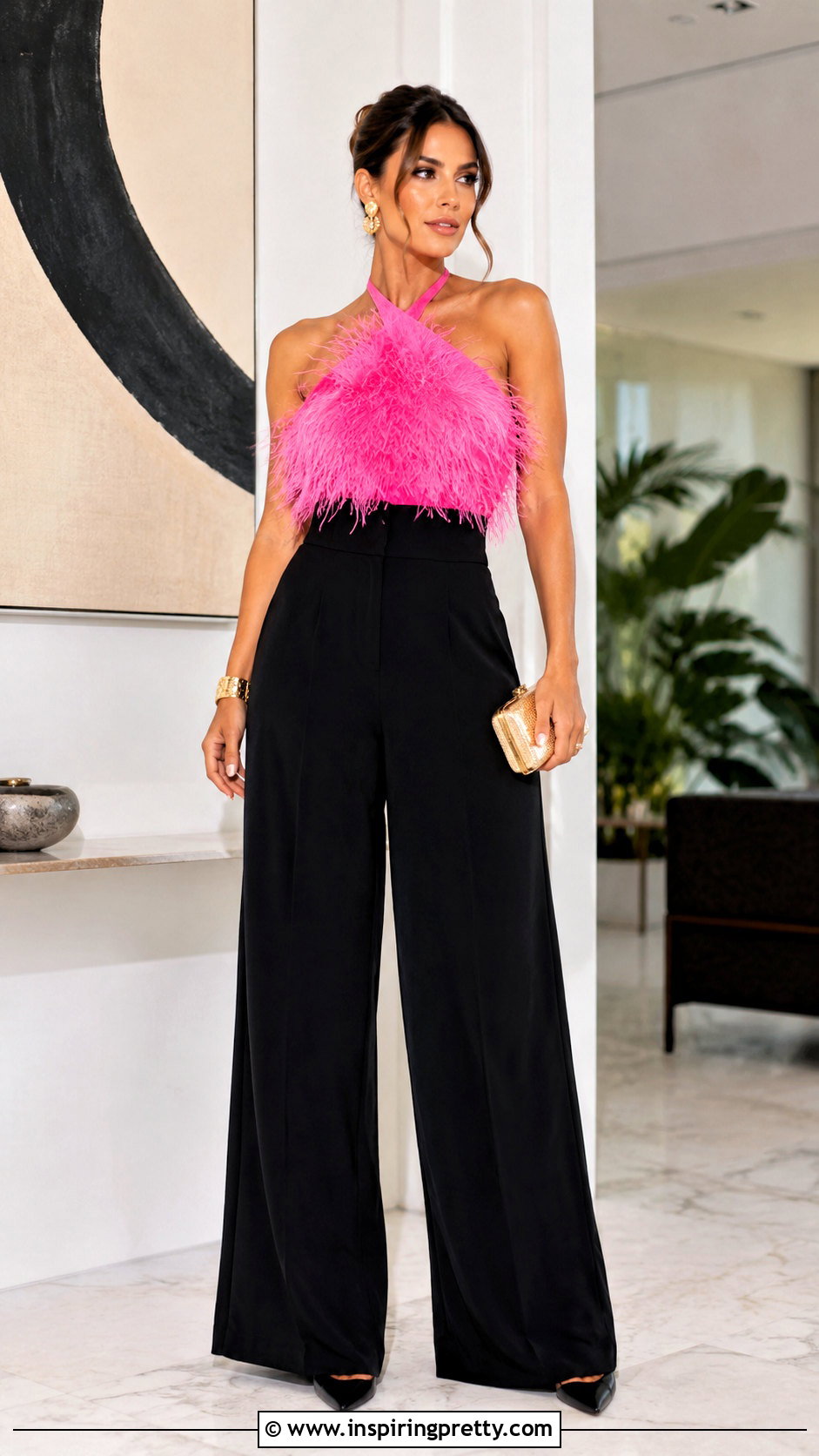 Cult Gaia Feather Top With Black Wide Leg Pants - 20 cult gaia feather top outfit ideas