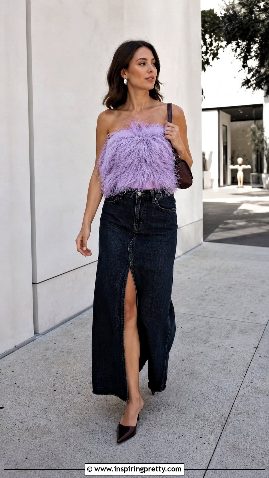 Cult Gaia Feather Top With Denim Maxi Skirt - 20 cult gaia feather top outfit ideas