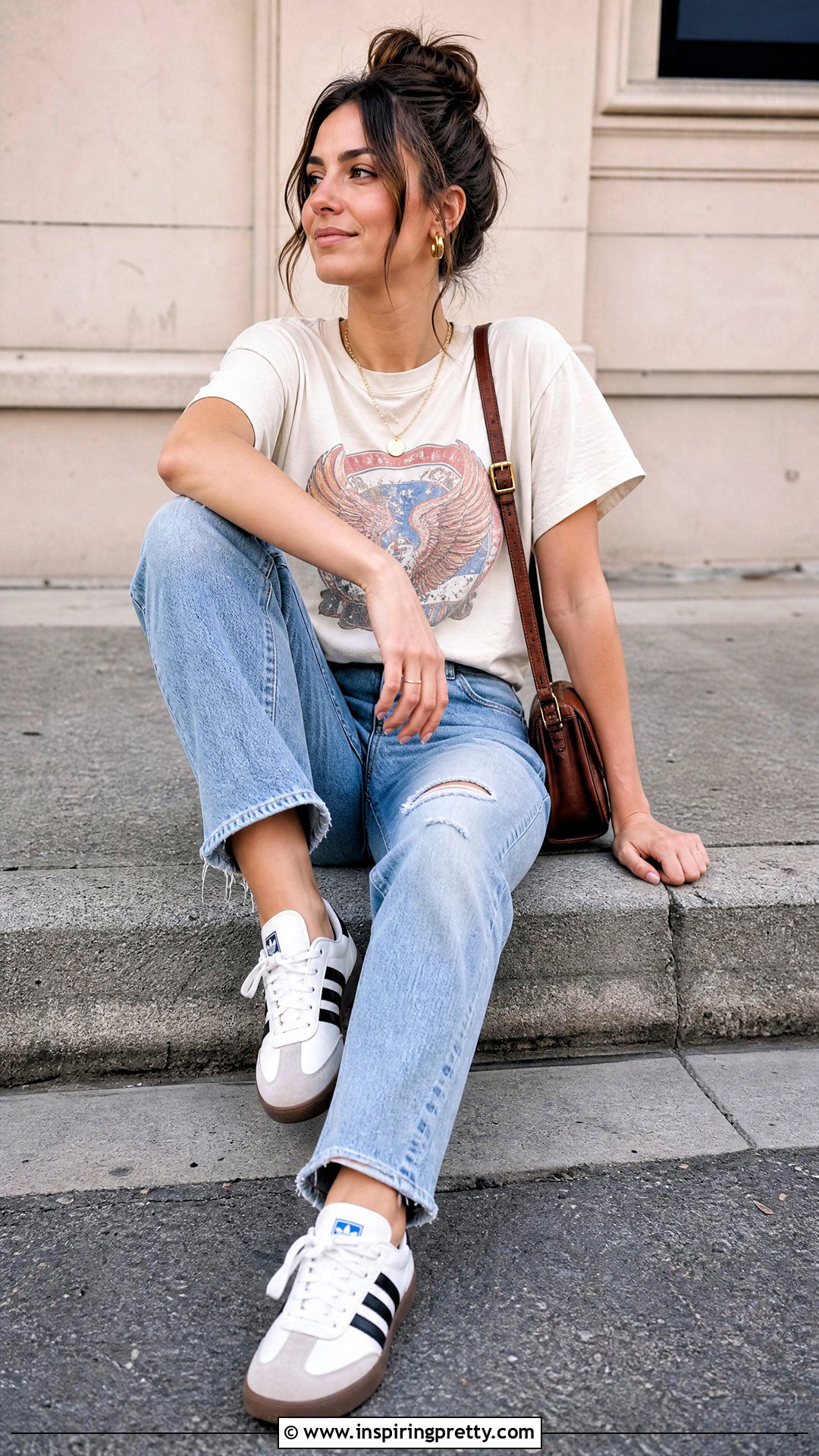 Curb Sitting Pose With Graphic Tee And Distressed Jeans - 50 Photo Poses In Jeans Tops