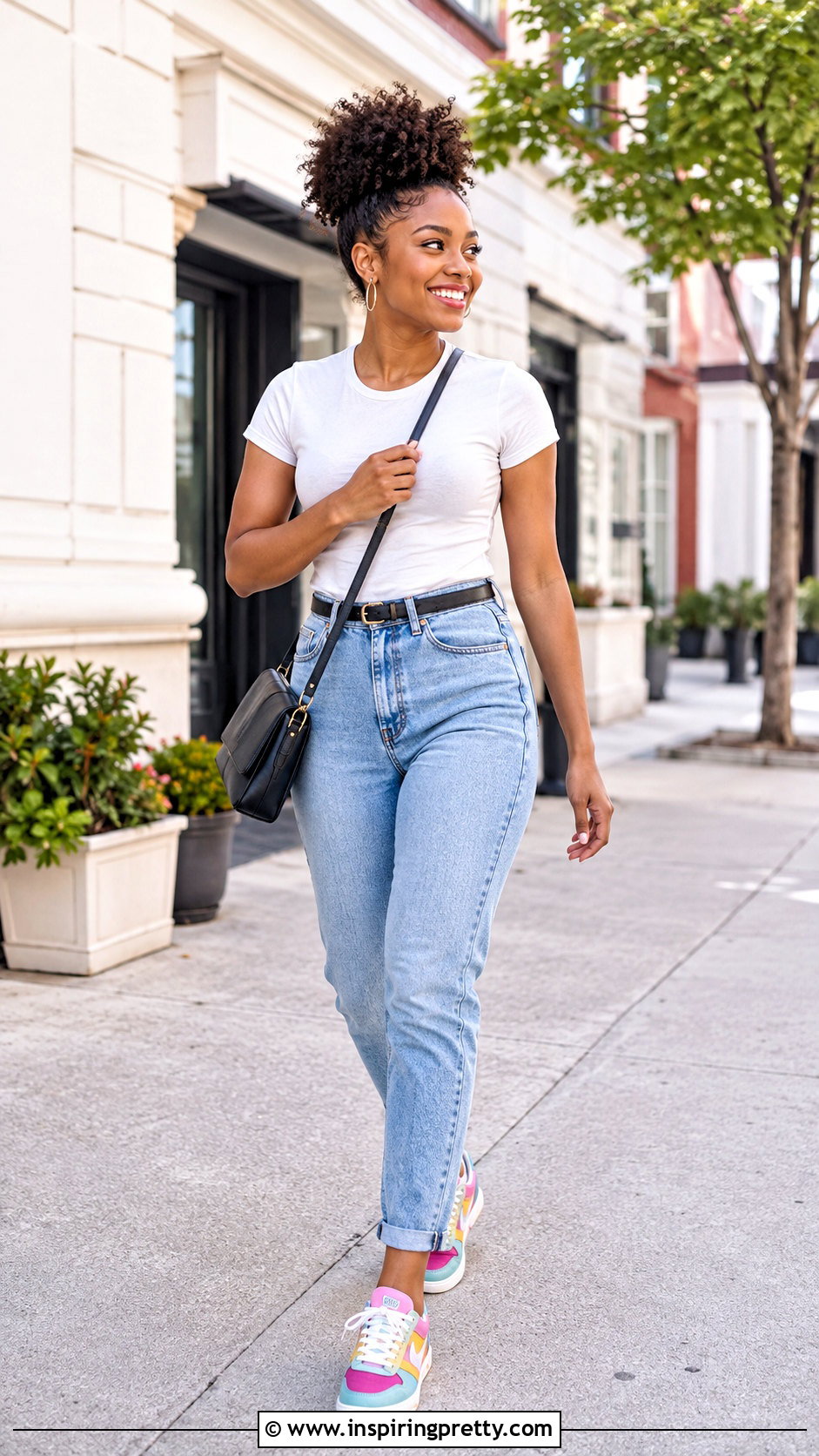 Curly High Puff With Mom Jeans And Crewneck Tee - 50 hairstyles for jeans and tops