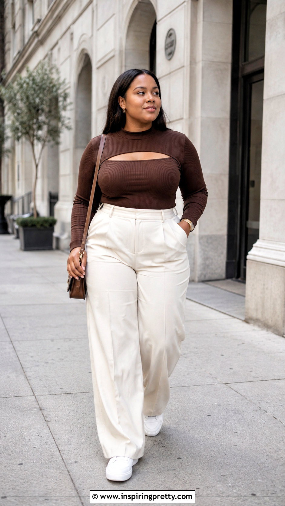Cut Out Sweater Top With Wide Leg Trousers And Sneakers - 25 cut out sweater top outfit ideas