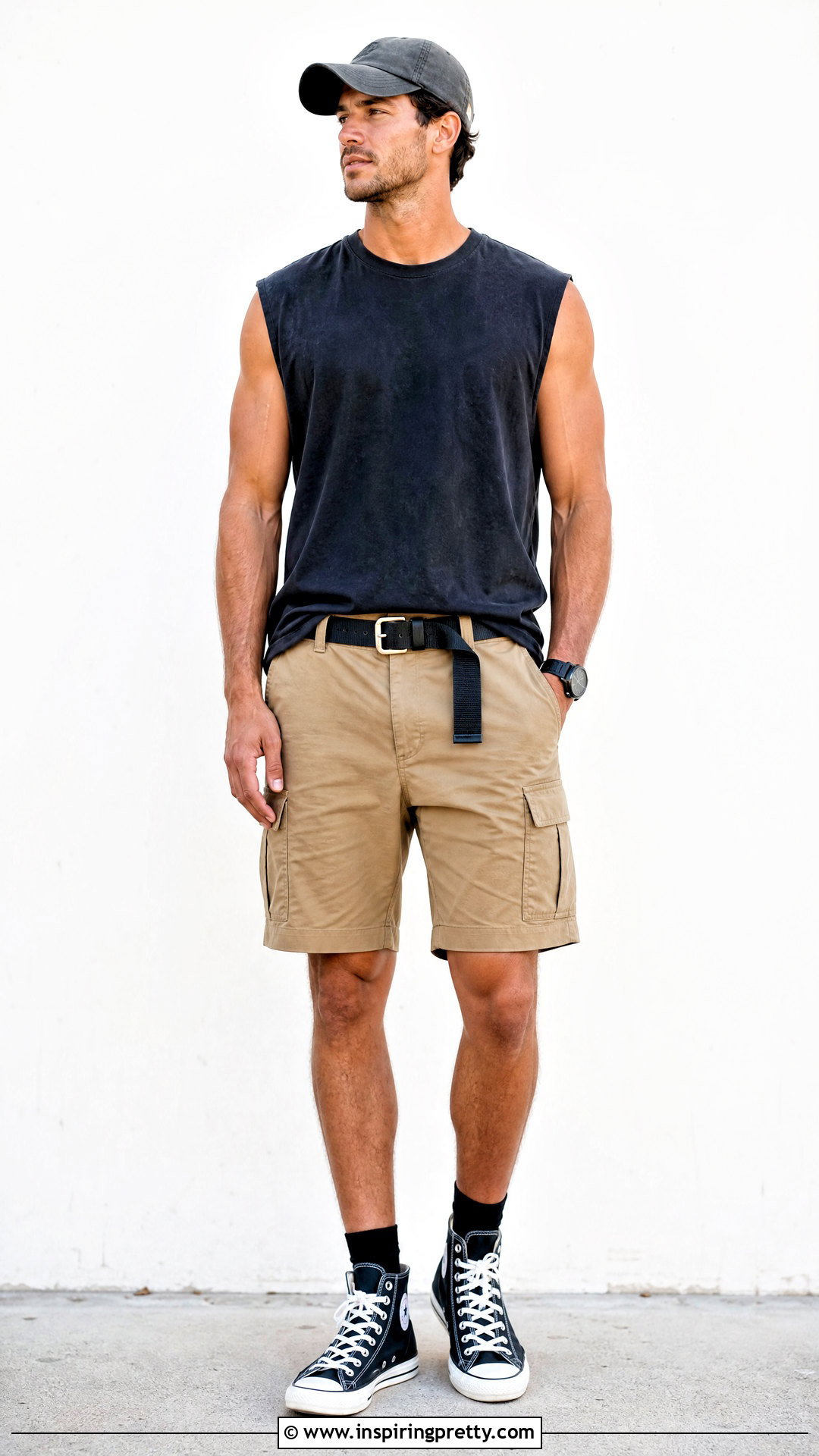 Cutoff Sleeveless Shirt With Cargo Shorts - 50 sleeveless top outfit men ideas