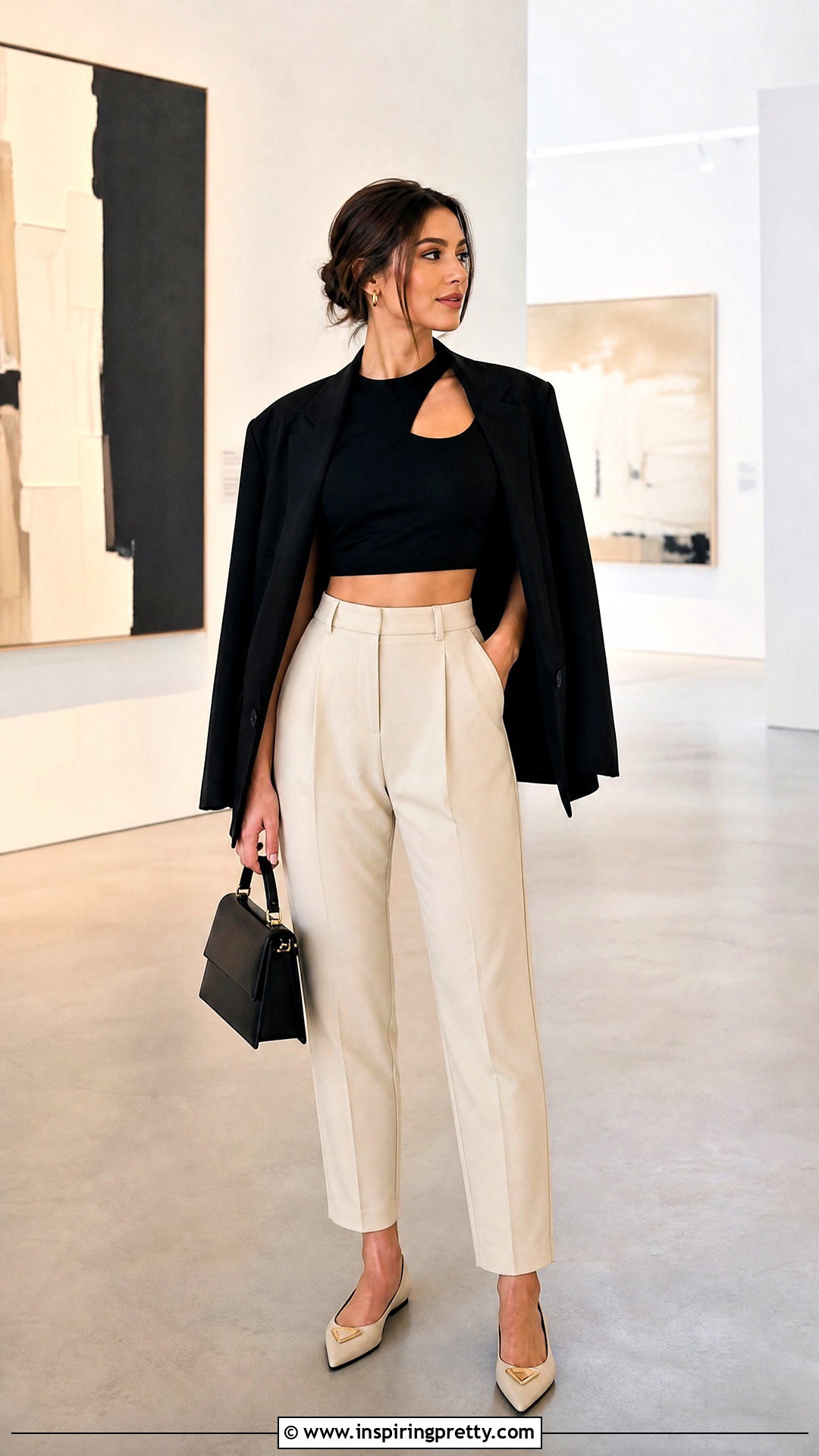 Cutout Short Top With High Rise Trousers - 50 short tops outfit ideas