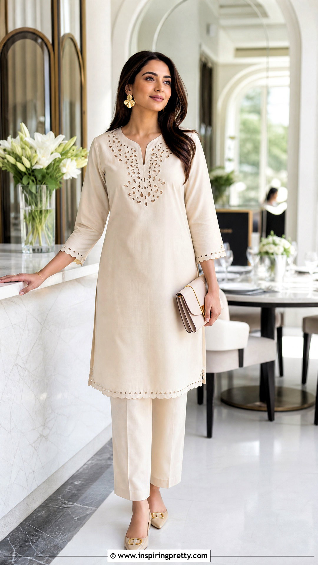 Cutwork Neck Kurti With Matching Pants - 20 kurthi tops neck designs