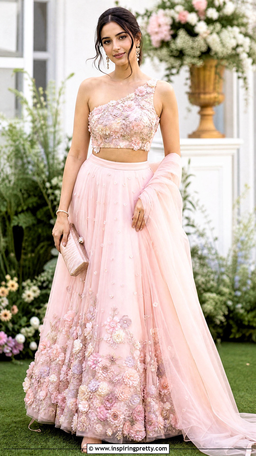 D Floral Organza Crop Top Lehenga Outfit - 50 organza crop top lehenga outfit ideas