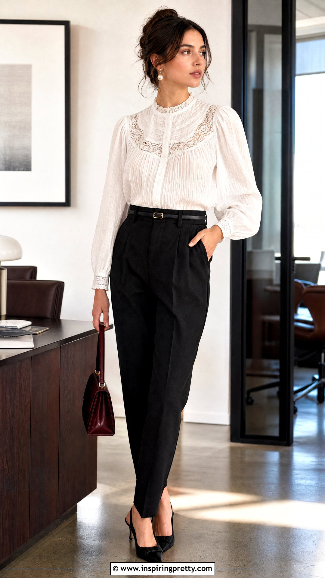 DEN Bernadine Top With Black Tailored Pants - 20 doen bernadine top outfit ideas
