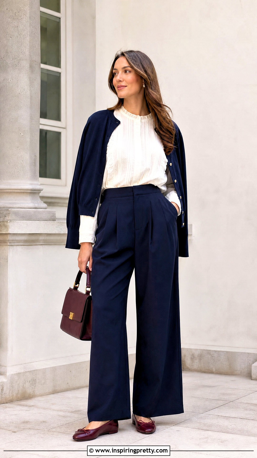 DEN Bernadine Top With Navy Pleated Trousers - 20 doen bernadine top outfit ideas