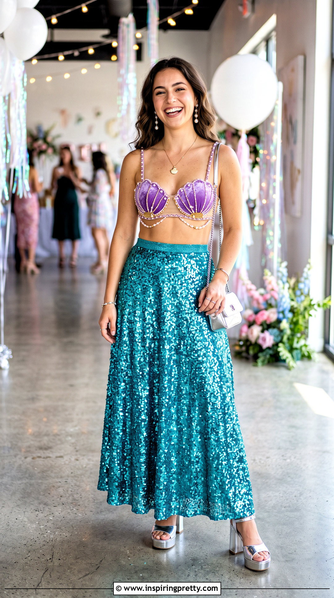 DIY Ariel Bra Top And Teal Sequin Maxi Skirt Outfit - 20 diy ariel bra top outfit ideas