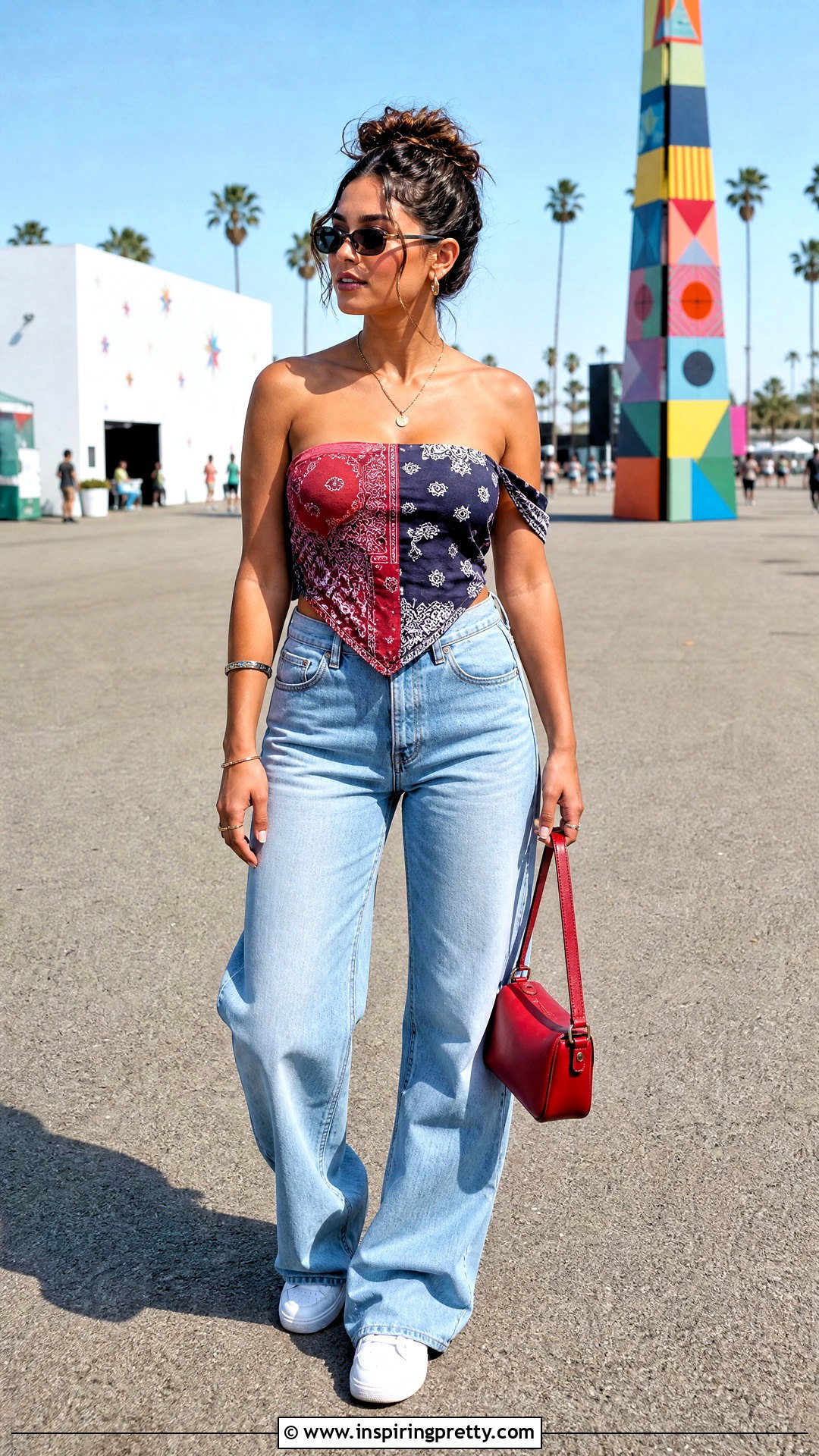 DIY Bandana Off Shoulder Top With High Waisted Jeans - 20 Diy Off Shoulder Top outfit ideas