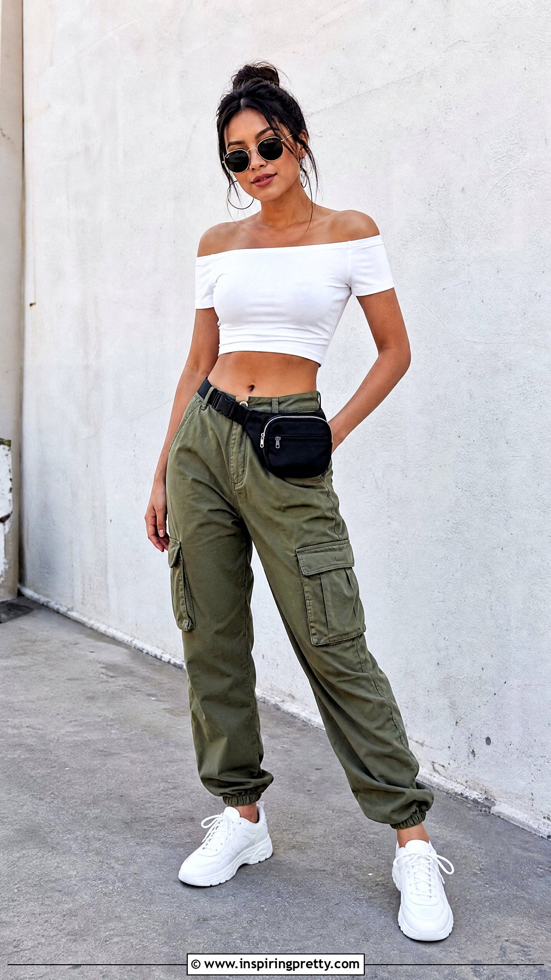 DIY Cropped Off Shoulder Top With Cargo Pants - 20 Diy Off Shoulder Top outfit ideas