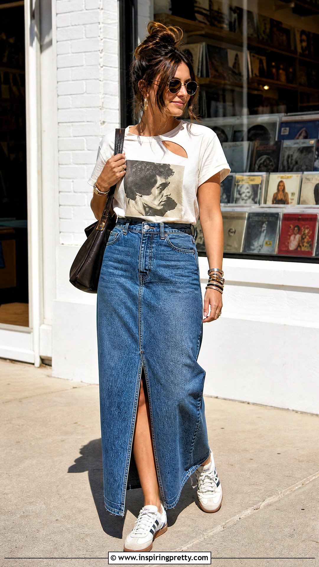DIY Cutout Graphic Tee With Denim Maxi Skirt - 20 diy cutout top outfit ideas