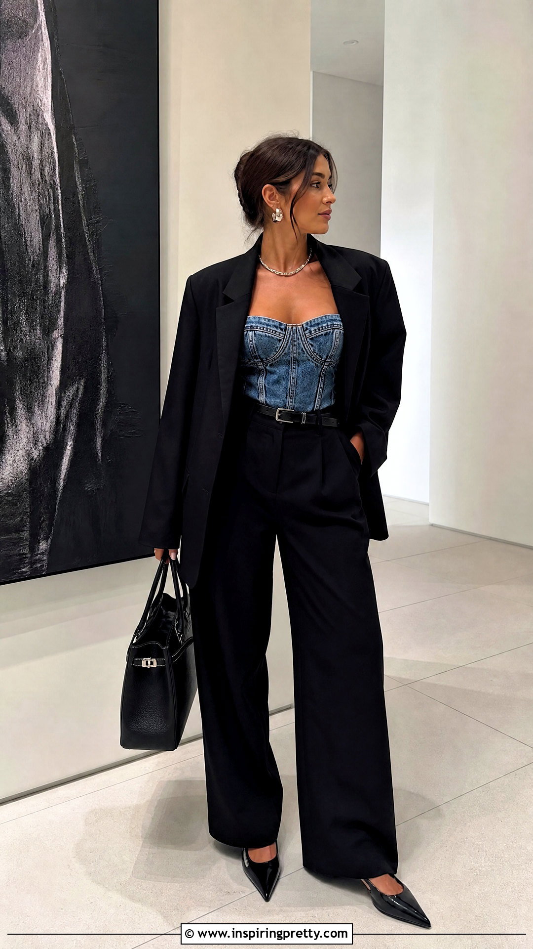 DIY Denim Corset Top With Black Trousers - 20 diy denim corset top outfit ideas