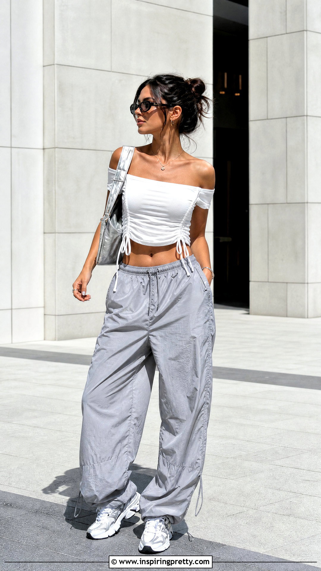 DIY Drawstring Off Shoulder Crop Top With Parachute Pants - 25 diy off shoulder crop top outfit ideas