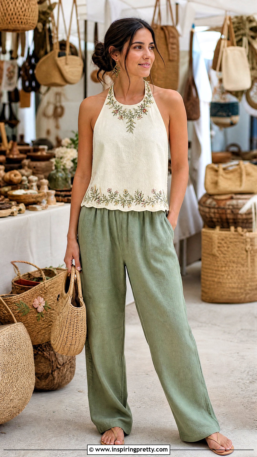 DIY Embroidered Halter Top With Linen Trousers - 50 diy halter top outfit ideas
